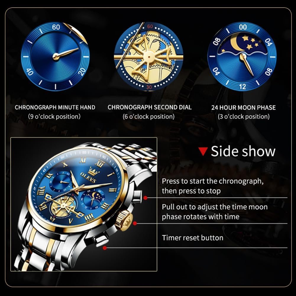 OLEVS Mens Watches Waterproof Stainless Steel Adjustable Bracelet Watch Quartz Analog Watch for Men Fashion Business Classic Mens's Wrist watch's Casual Watches Gold/Blue/Black/White/Face/Dial - Image 4