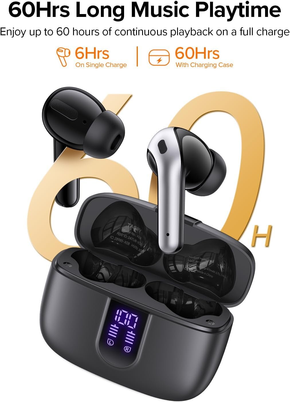 TAGRY Bluetooth Headphones True Wireless Earbuds 60H Playback LED Power Display Earphones with Wireless Charging Case IPX5 Waterproof in-Ear Ear buds with Mic for TV Smart Phone Laptop Computer Sports - Image 4