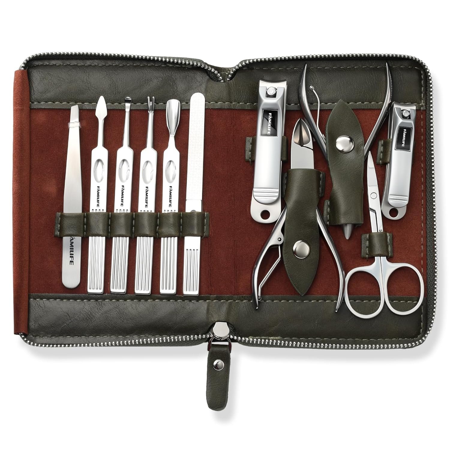 FAMILIFE Manicure Set, Professional Manicure Kit Nail Clippers Set 11 in 1 Stainless Steel Nail Pedicure Tools Kit Grooming Tool with Portable Green Leather Travel Case Luxury Gifts for Women and Men - Image 10