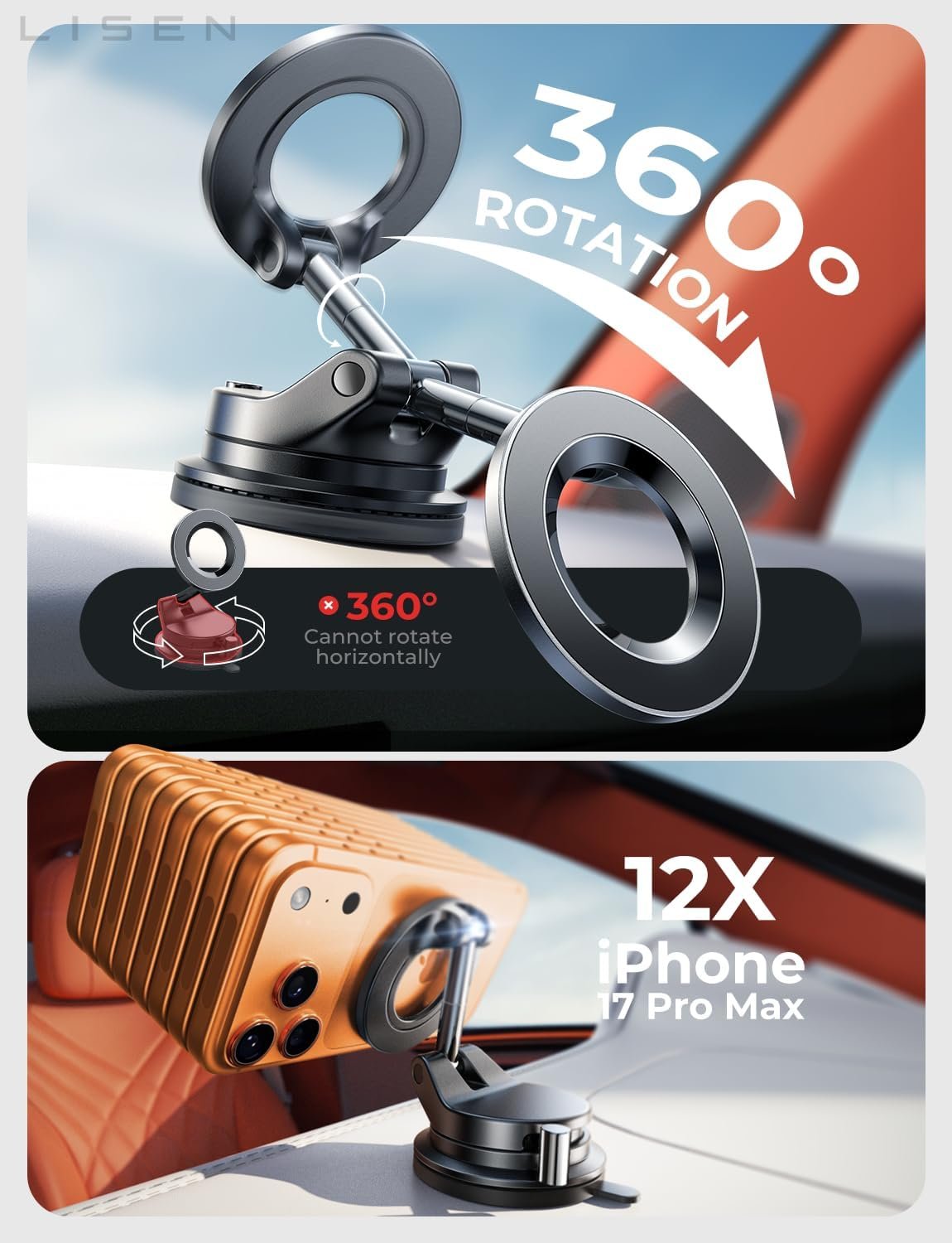 LISEN for Magsafe Car Mount, Cell Phone Holders for Your Car, Magnetic Car Accessories for Women Men Interior Jeep Truck, Vacuum SuctionPro Gifts Kits, Car Phone Holder for iPhone 17-12Pro Max, Black - Image 7