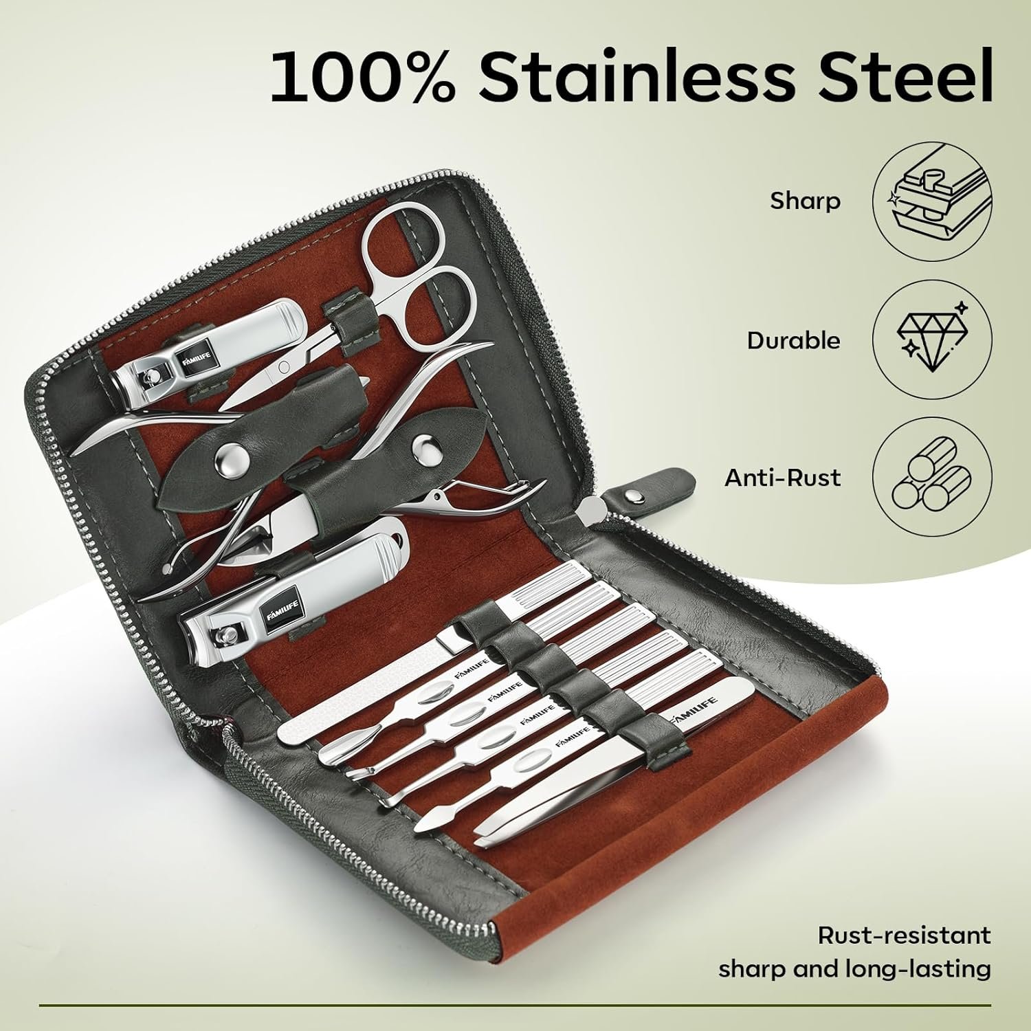 FAMILIFE Manicure Set, Professional Manicure Kit Nail Clippers Set 11 in 1 Stainless Steel Nail Pedicure Tools Kit Grooming Tool with Portable Green Leather Travel Case Luxury Gifts for Women and Men - Image 3