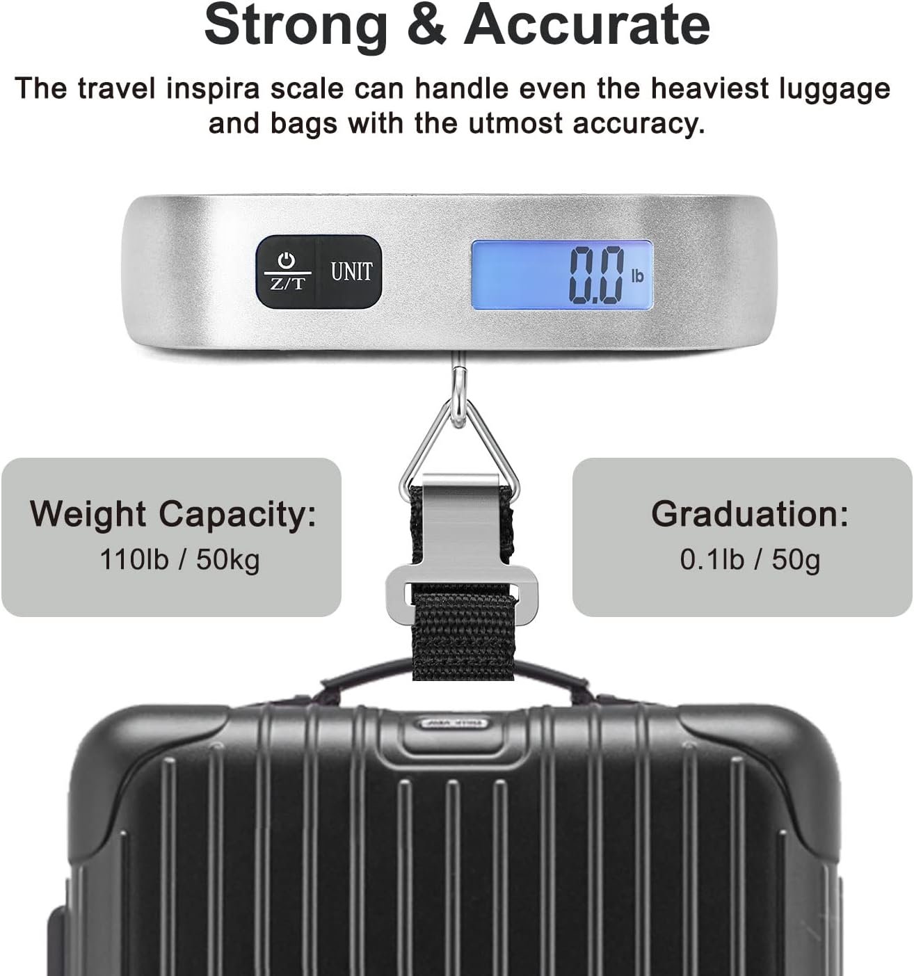 travel inspira Luggage Scale, Portable Digital Hanging Baggage Scale for Travel, Suitcase Weight Scale with Rubber Paint, 110 Pounds, Battery Included - Image 6