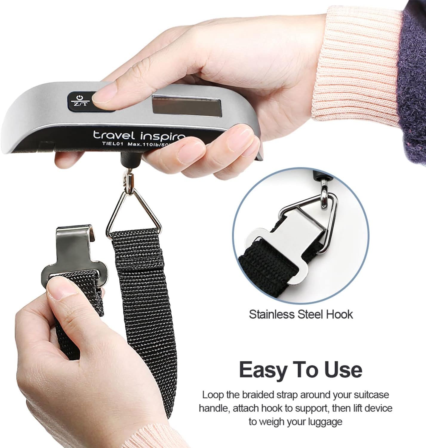 travel inspira Luggage Scale, Portable Digital Hanging Baggage Scale for Travel, Suitcase Weight Scale with Rubber Paint, 110 Pounds, Battery Included - Image 7