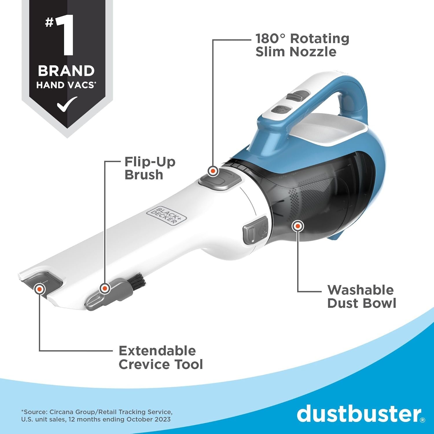 BLACK+DECKER dustbuster AdvancedClean Handheld Vacuum Cordless, Compact Home and Car Vacuum with Crevice Tool ,Rotating Nozzle and Charging Station, Large Dust Bowl (CHV1410L) - Image 4