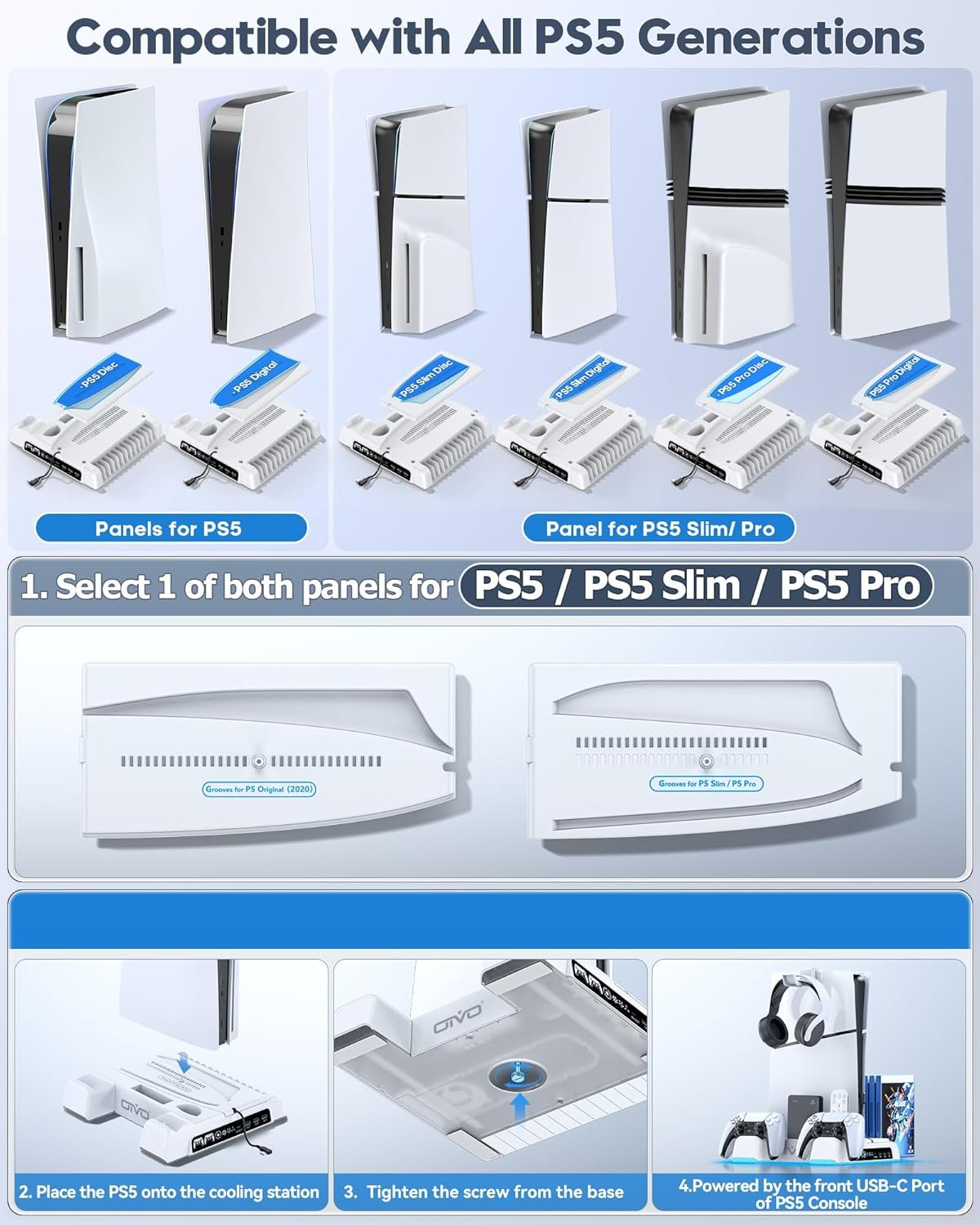 PS5/Slim/Pro Stand and Cooling Station with LED Controller Charging Station for PlayStation 5 Console, Controller Charger, Cooling Stand, PS5/Slim/Pro Accessories Kit with 3 Level Cooler Fan - Image 3