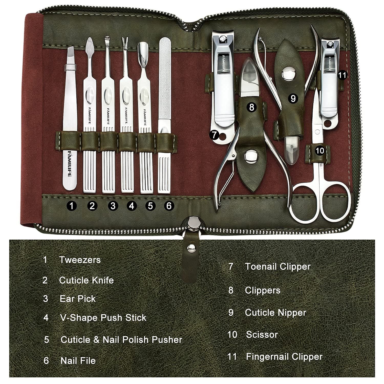 FAMILIFE Manicure Set, Professional Manicure Kit Nail Clippers Set 11 in 1 Stainless Steel Nail Pedicure Tools Kit Grooming Tool with Portable Green Leather Travel Case Luxury Gifts for Women and Men - Image 6