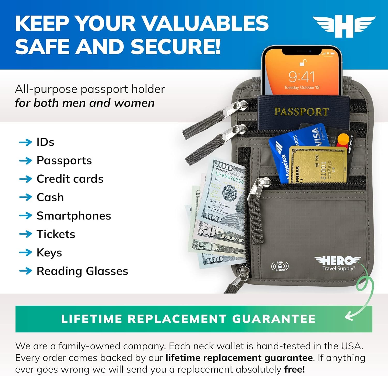 HERO Neck Wallet, RFID Blocking Passport Holder, Easy to Conceal Travel Pouch - Image 3