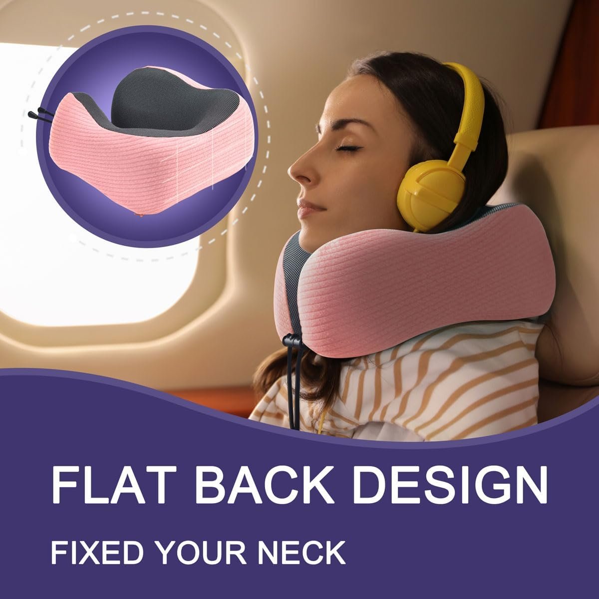 napfun Neck Pillow for Traveling, Upgraded Travel Neck Pillow for Airplane 100% Pure Memory Foam Travel Pillow for Flight Headrest Sleep, Portable Plane Accessories, Pink Striped Kit - Image 5