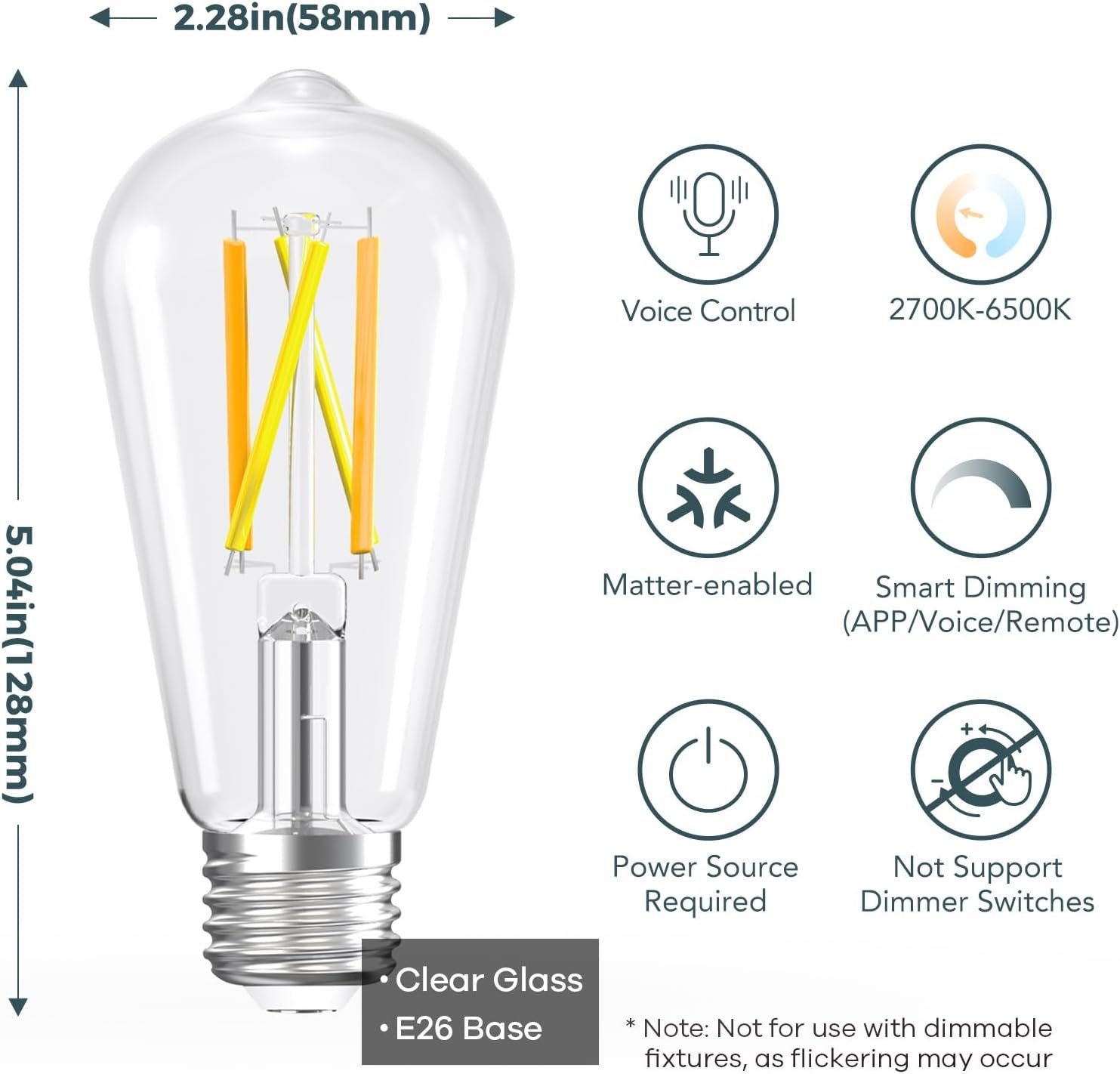 Linkind Matter Smart Light Bulb, ST19 (ST58) Smart Edison Bulbs, 2700K-6500K E26 LED Bulb 8W 60W, 800LM Edison Light Bulb, Work with Alexa, Google Home, Apple Home, SmartThings, 2.4GHz WiFi, 4-Pack - Image 3