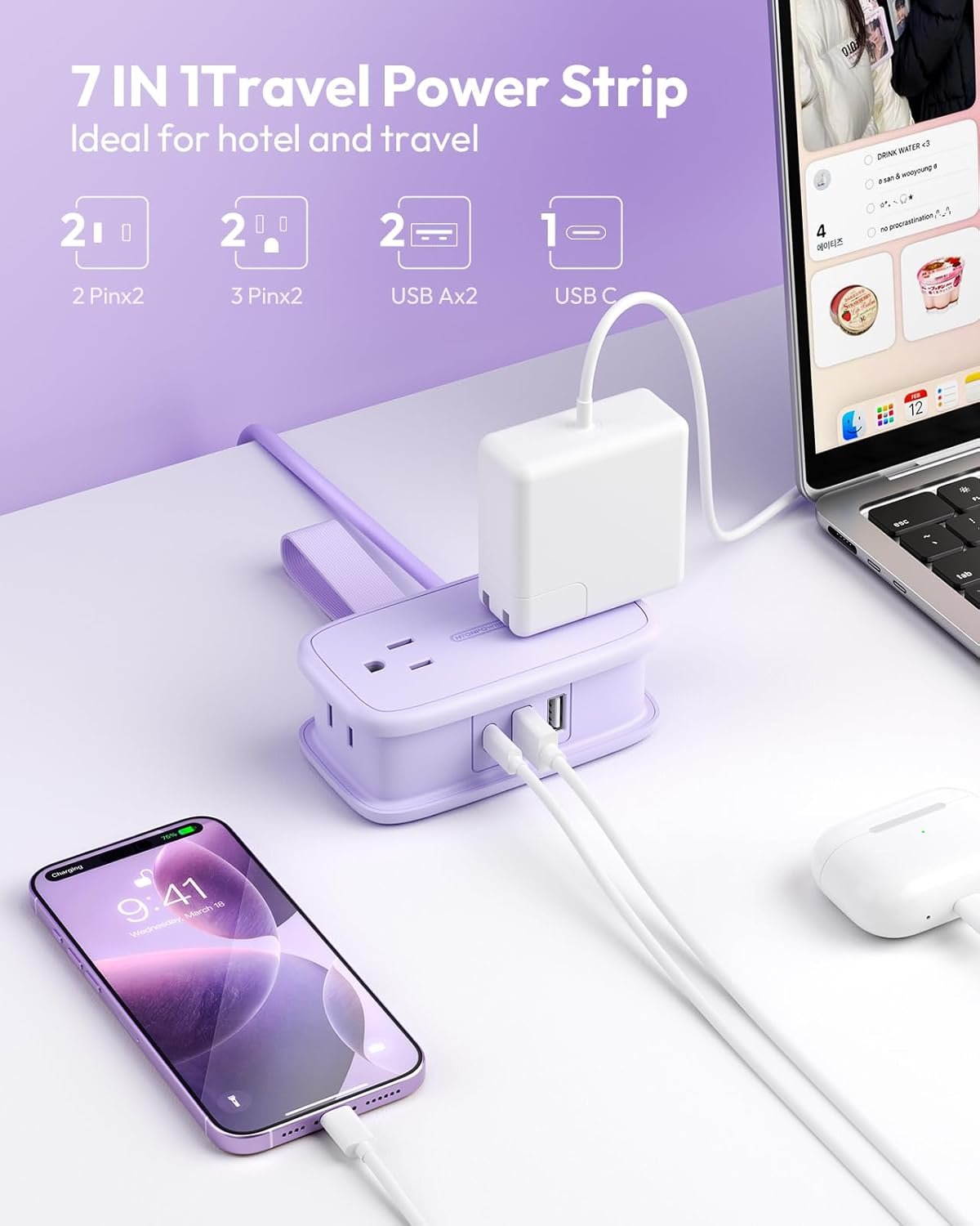 NTONPOWER Purple Travel Power Strip,Travel Essentials 4 Outlets 3 USB(1 C) with 4FT Wrapped Extension Cord Flat Plug, Cruise Essentials 2026 for Hotel Travel Cruise Essentials - Image 5
