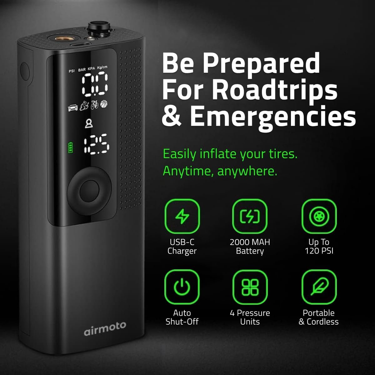 Airmoto Tire Inflator Portable Air Compressor - Air Pump for Car Tires with Digital Pressure Gauge, LED Light and Auto Shut-Off Function - Cordless Pump for Car, Motorcycle, Bicycle, Ball - Image 4