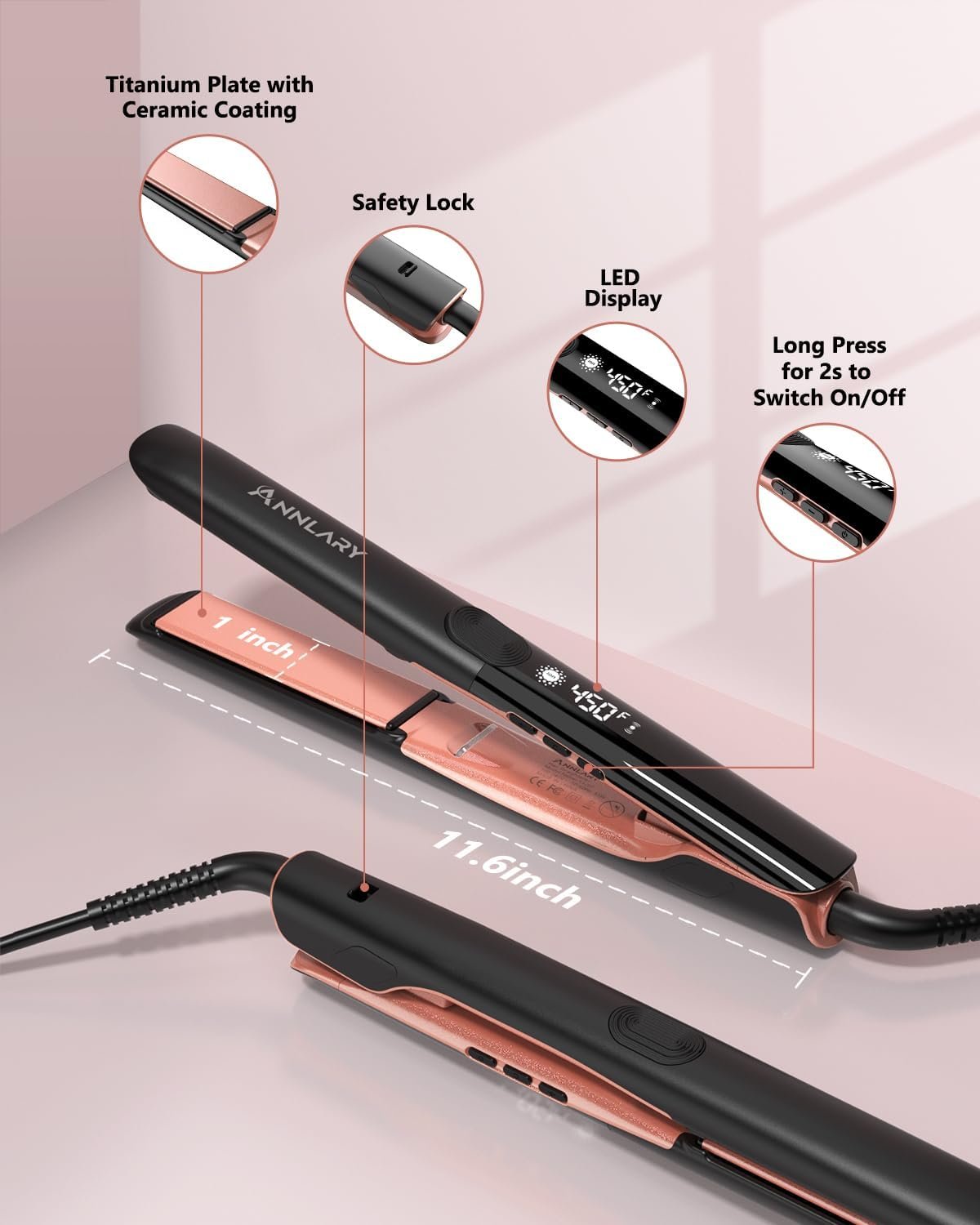 Hair Straightener 1 Inch Flat Iron and Curler 2 in 1 Titanium Ceramic Ionic Dual Voltage Straightener with Heat-Resistant Silicone, for Less Frizz, Shinier & Smoother - Image 7