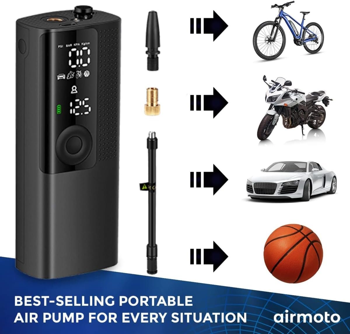 Airmoto Tire Inflator Portable Air Compressor - Air Pump for Car Tires with Digital Pressure Gauge, LED Light and Auto Shut-Off Function - Cordless Pump for Car, Motorcycle, Bicycle, Ball - Image 9