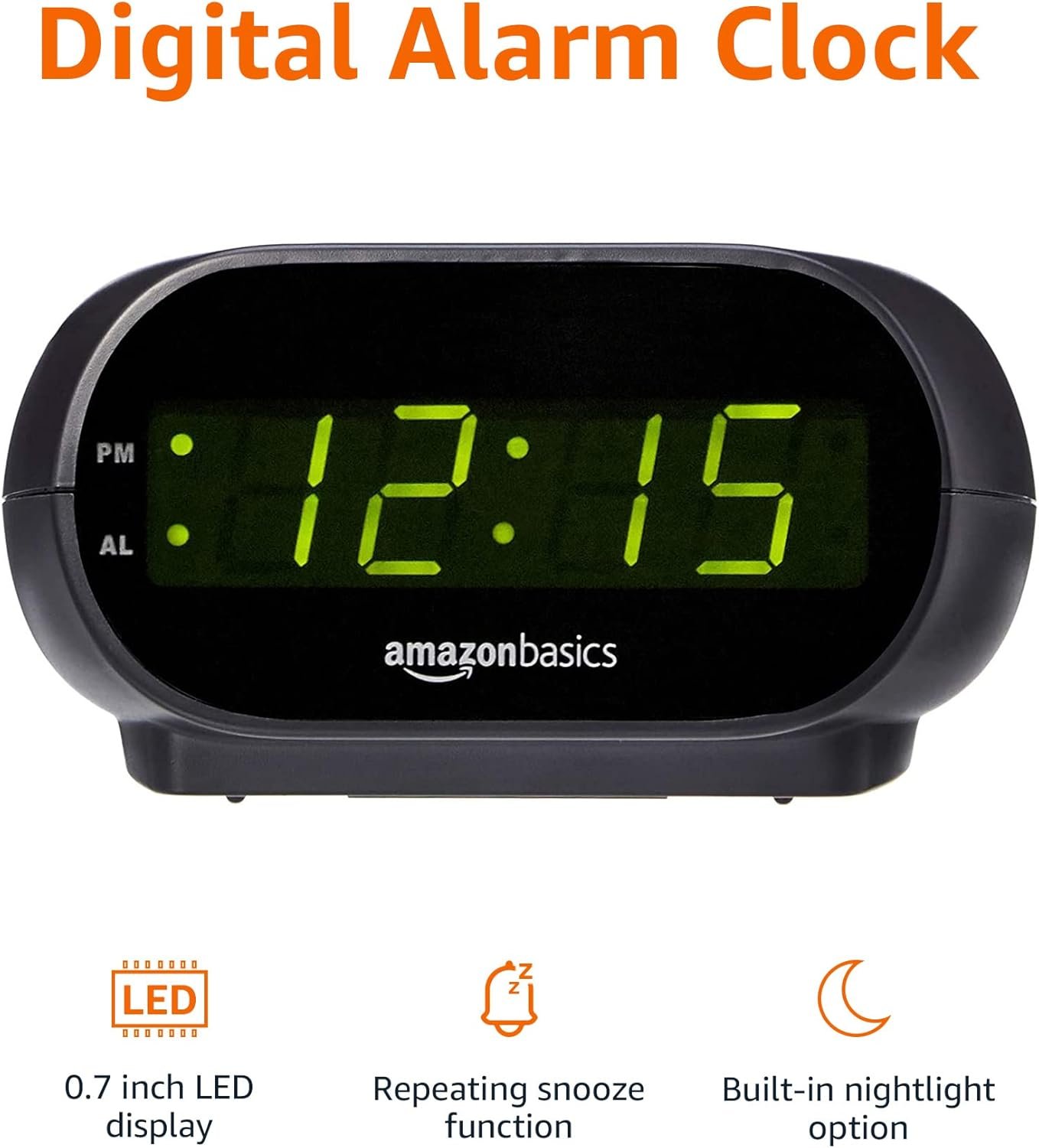 Amazon Basics Small Digital Oval Alarm Clock with LED Display, Nightlight, Snooze Function & Battery Backup, Black, 4.5 x 3.5 x 2.4 Inches - Image 3