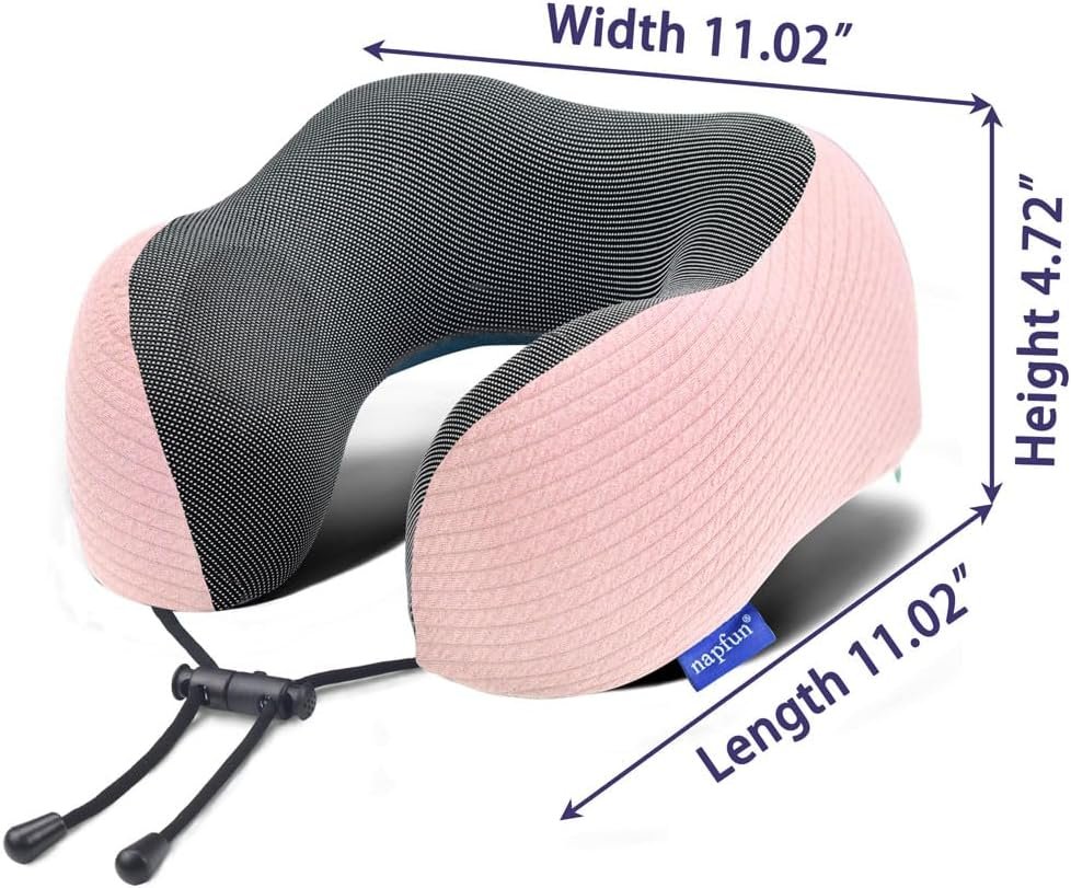 napfun Neck Pillow for Traveling, Upgraded Travel Neck Pillow for Airplane 100% Pure Memory Foam Travel Pillow for Flight Headrest Sleep, Portable Plane Accessories, Pink Striped Kit - Image 6