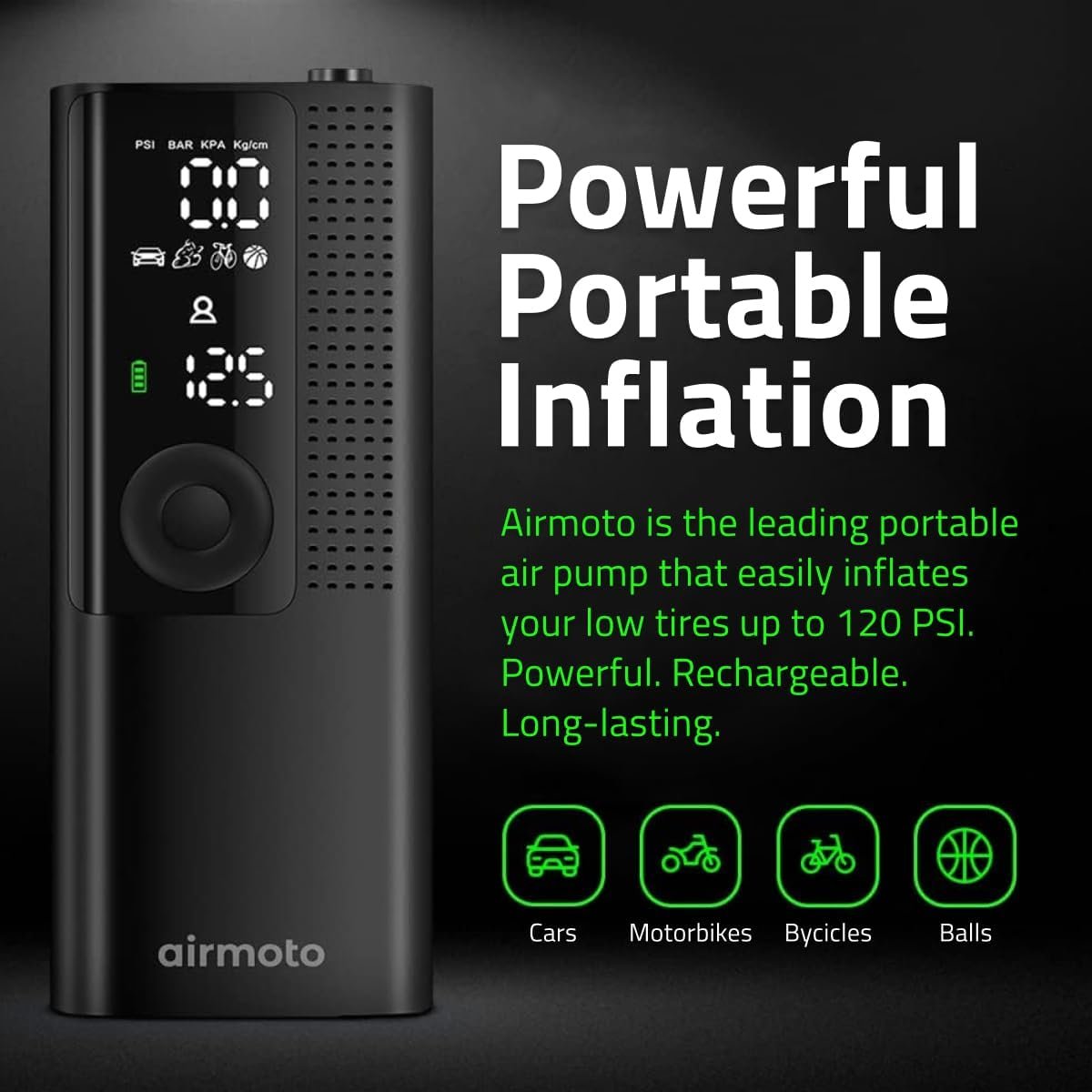 Airmoto Tire Inflator Portable Air Compressor - Air Pump for Car Tires with Digital Pressure Gauge, LED Light and Auto Shut-Off Function - Cordless Pump for Car, Motorcycle, Bicycle, Ball - Image 3