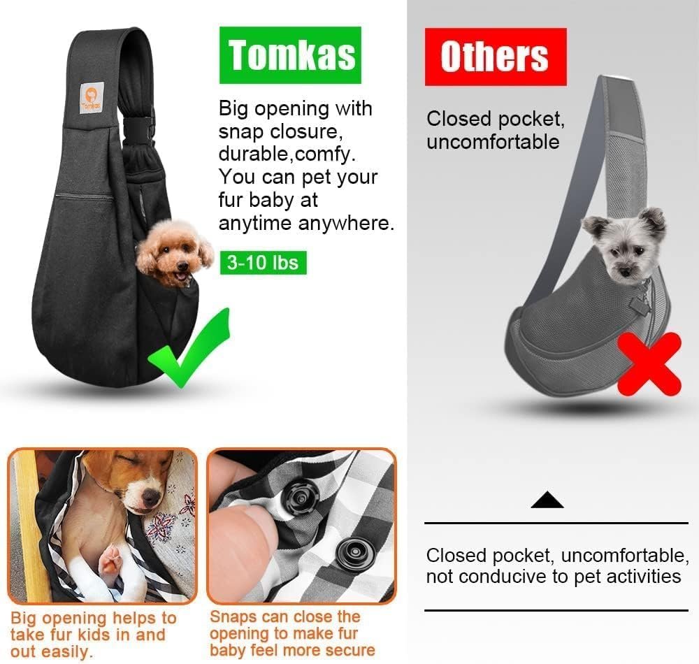 Tomkas Small Dog Sling Carrier - Adjustable Strap & Zip Pocket - Suitable for Puppies (Black) - Image 8