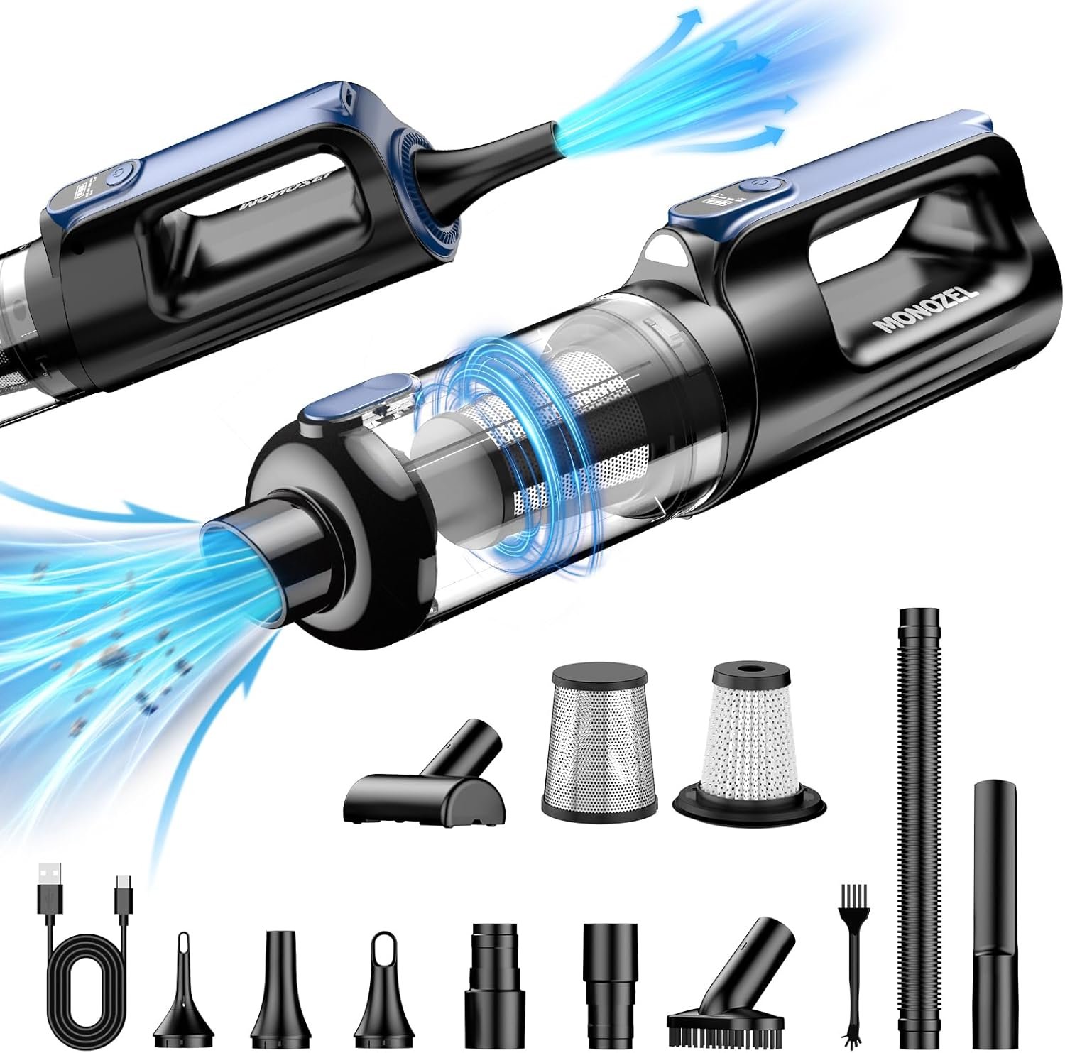 Car Vacuum Portable Cordless, 18000Pa 2 in 1 Vacuum Cleaner&Air Duster, 130W Brushless Motor Handheld Vacuum Cordless with 7800mAh Battery, LED Light, Multi-Nozzles for Car, Home, Office, Pet - Image 2