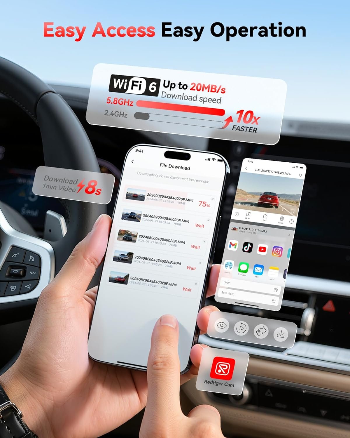 REDTIGER 4K Dash Cam Front Rear, STARVIS 2 Sensor, Free Card Included, 5.8GHz WiFi-20MB/s Fast Download, Dash Camera for Cars with GPS, WDR Night Vision, 170°Wide Angle, 24H Parking Mode(F7NP) - Image 5