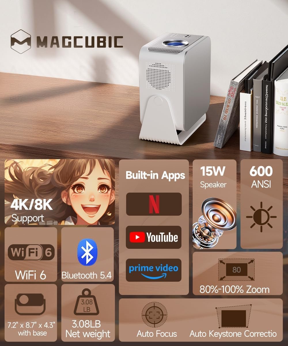 Smart Projector with 4K 8K Support, Mini Projector with Wifi6 and Bluetooth5.4, 600 ANSI, Auto Focus & Obstacle Avoidance 1080P Portable Movie Proyector for Home Outdoor, Magcubic HY350Max - Image 3