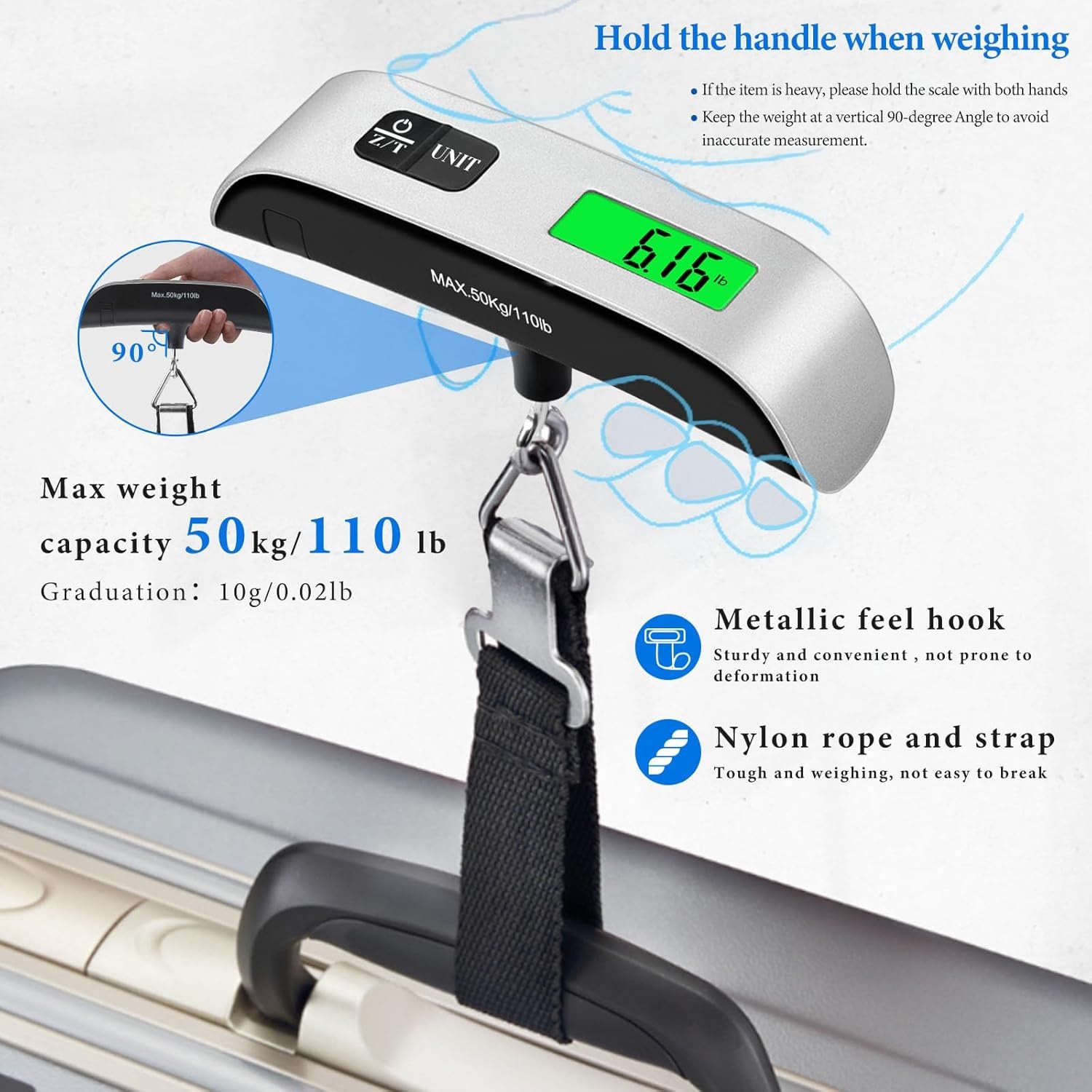 Luggage Scale, 110lb Luggage Weight Scale with 4 Unit Switching Functions&LED Display, Luggage Scale Travel Digital for Weighing Luggage, Backpacks, Packages and Markets - Image 5