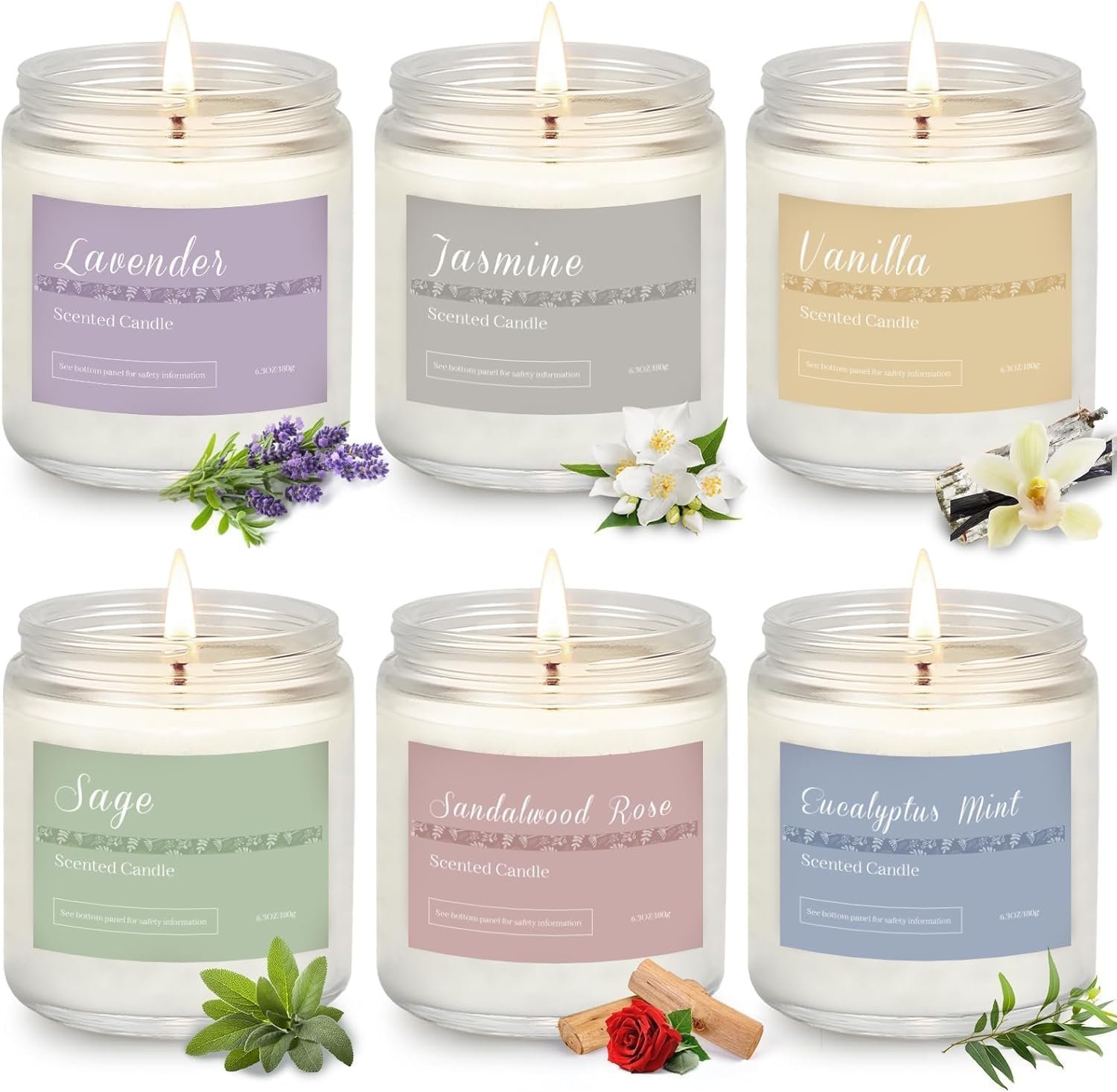 6 Pack Scented Candles Gift Set, Long Lasting Aromatherapy Candles for Home, 37.8 oz 300 Hour Burn, Lavender Jasmine Vanilla Sage Sandalwood Rose Eucalyptus Mint, Gifts for Women - Image 2