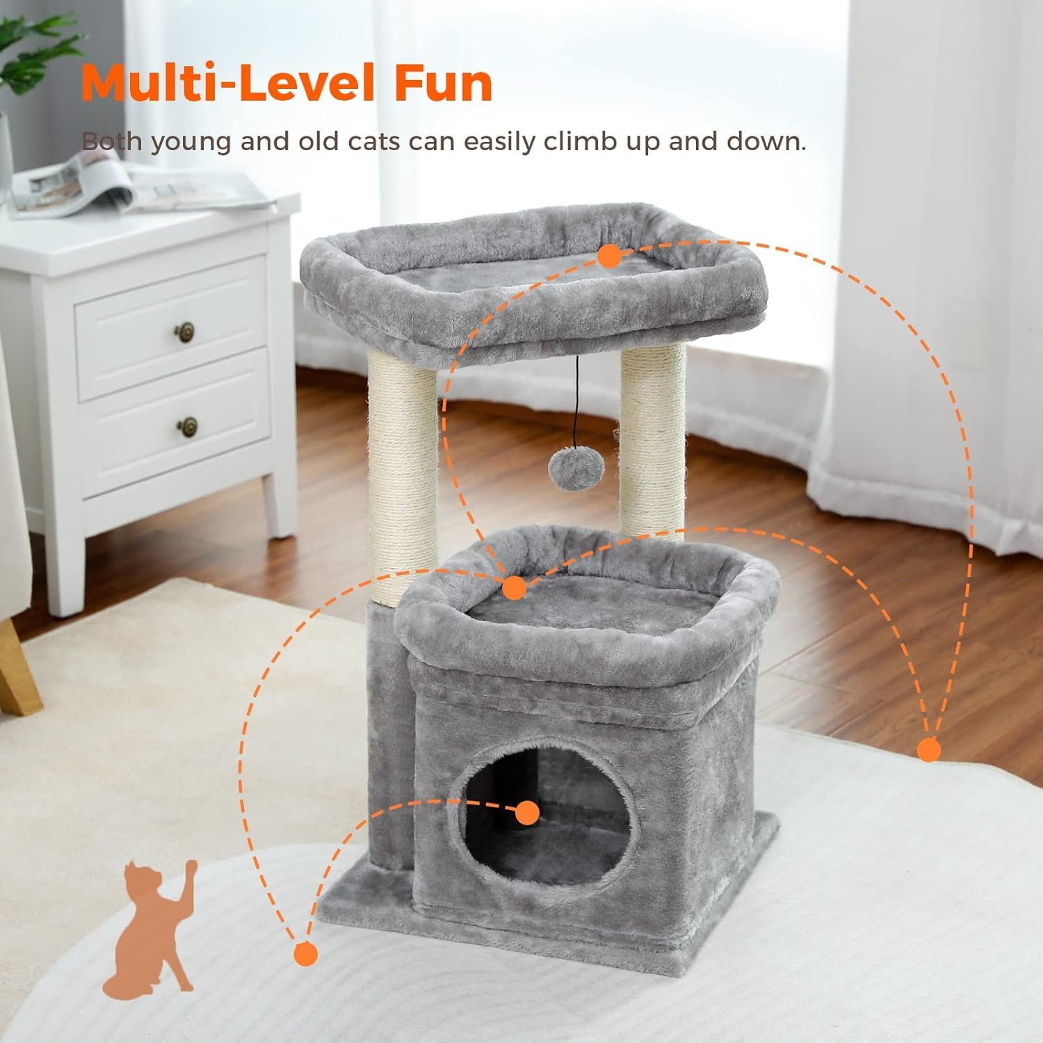 PEQULTI Cat Tree Tower for Indoor Cats with Private Cozy Cat Condo, Natural Sisal Scratching Posts and Plush Pom-pom for Small Cats - Image 6