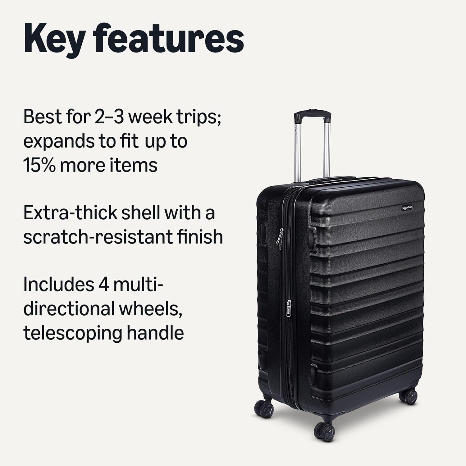 Amazon Basics 30" Hardside Large Checked Luggage, Hardshell Suitcase With Four Multi-directional Wheels, Expandable For Up to 15% More Space, Scratch-Resistant Shell, Black - Image 3