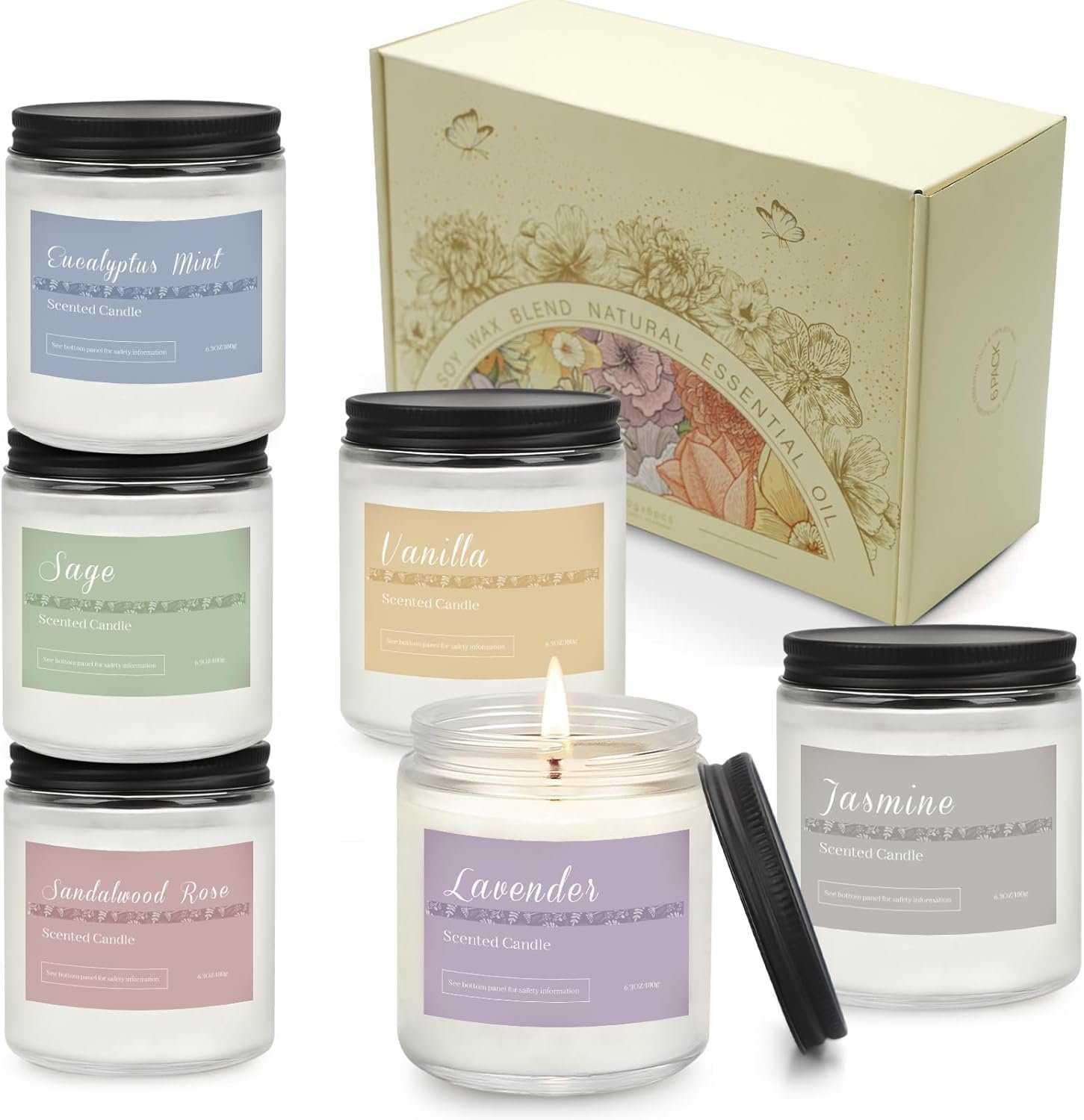 6 Pack Scented Candles Gift Set, Long Lasting Aromatherapy Candles for Home, 37.8 oz 300 Hour Burn, Lavender Jasmine Vanilla Sage Sandalwood Rose Eucalyptus Mint, Gifts for Women - Image 10