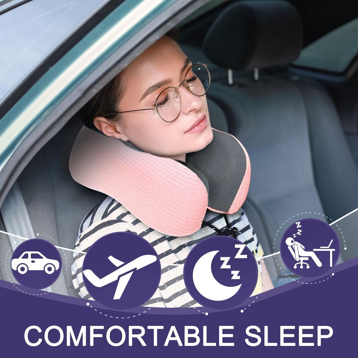 napfun Neck Pillow for Traveling, Upgraded Travel Neck Pillow for Airplane 100% Pure Memory Foam Travel Pillow for Flight Headrest Sleep, Portable Plane Accessories, Pink Striped Kit - Image 3