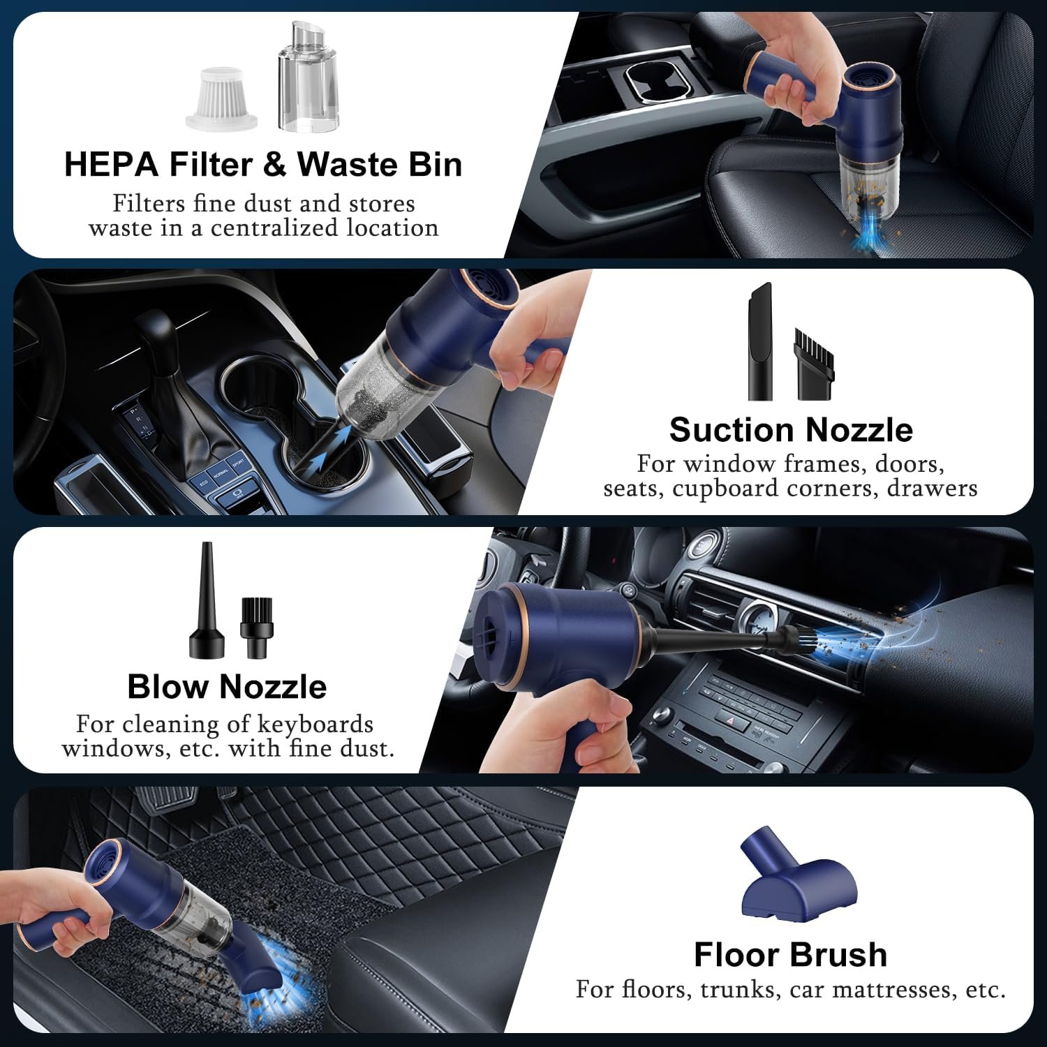 KMM Handheld Car Vacuum Cleaner, 9000Pa Vacuum Cleaner and Air Duster, 120W High Power Hand Held Vacuum with LED Light and Multi-Nozzles for Car, Home, Office, Pet - Image 7