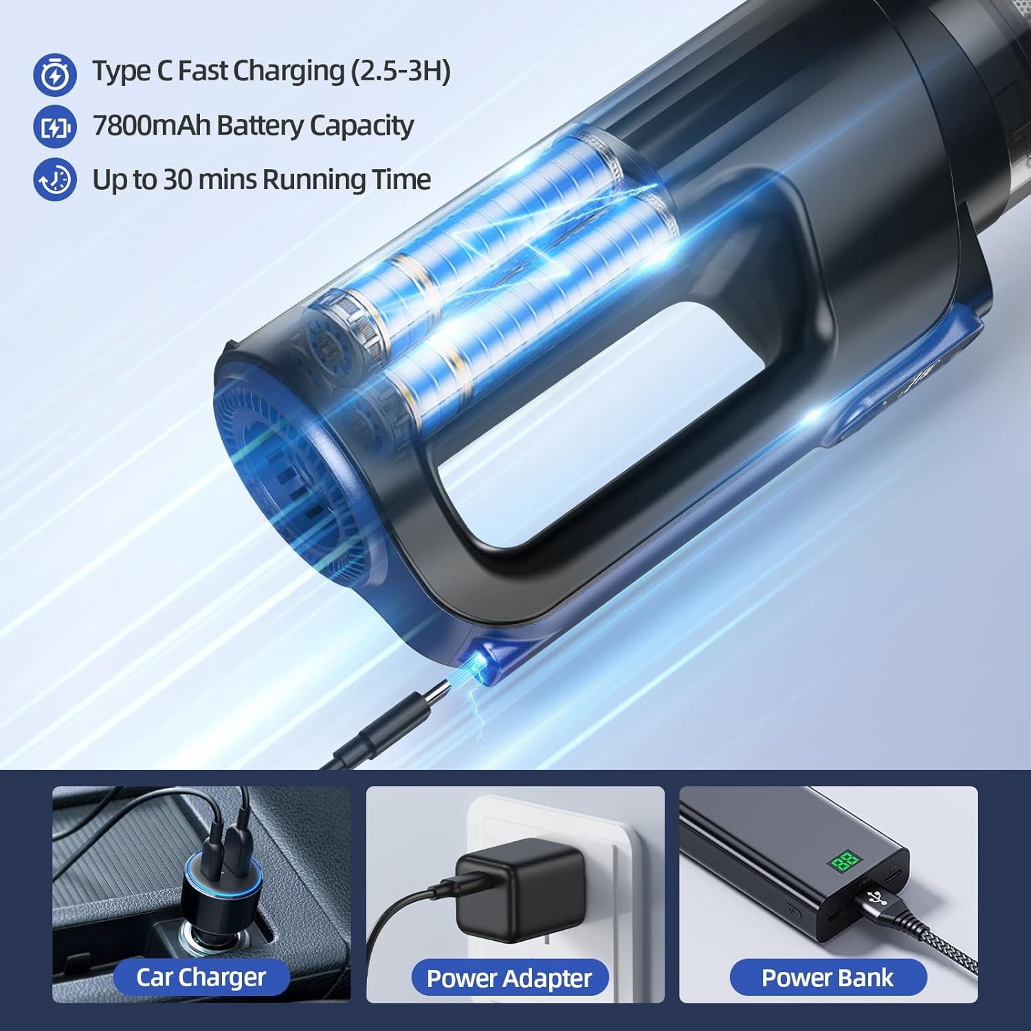 Car Vacuum Portable Cordless, 18000Pa 2 in 1 Vacuum Cleaner&Air Duster, 130W Brushless Motor Handheld Vacuum Cordless with 7800mAh Battery, LED Light, Multi-Nozzles for Car, Home, Office, Pet - Image 9