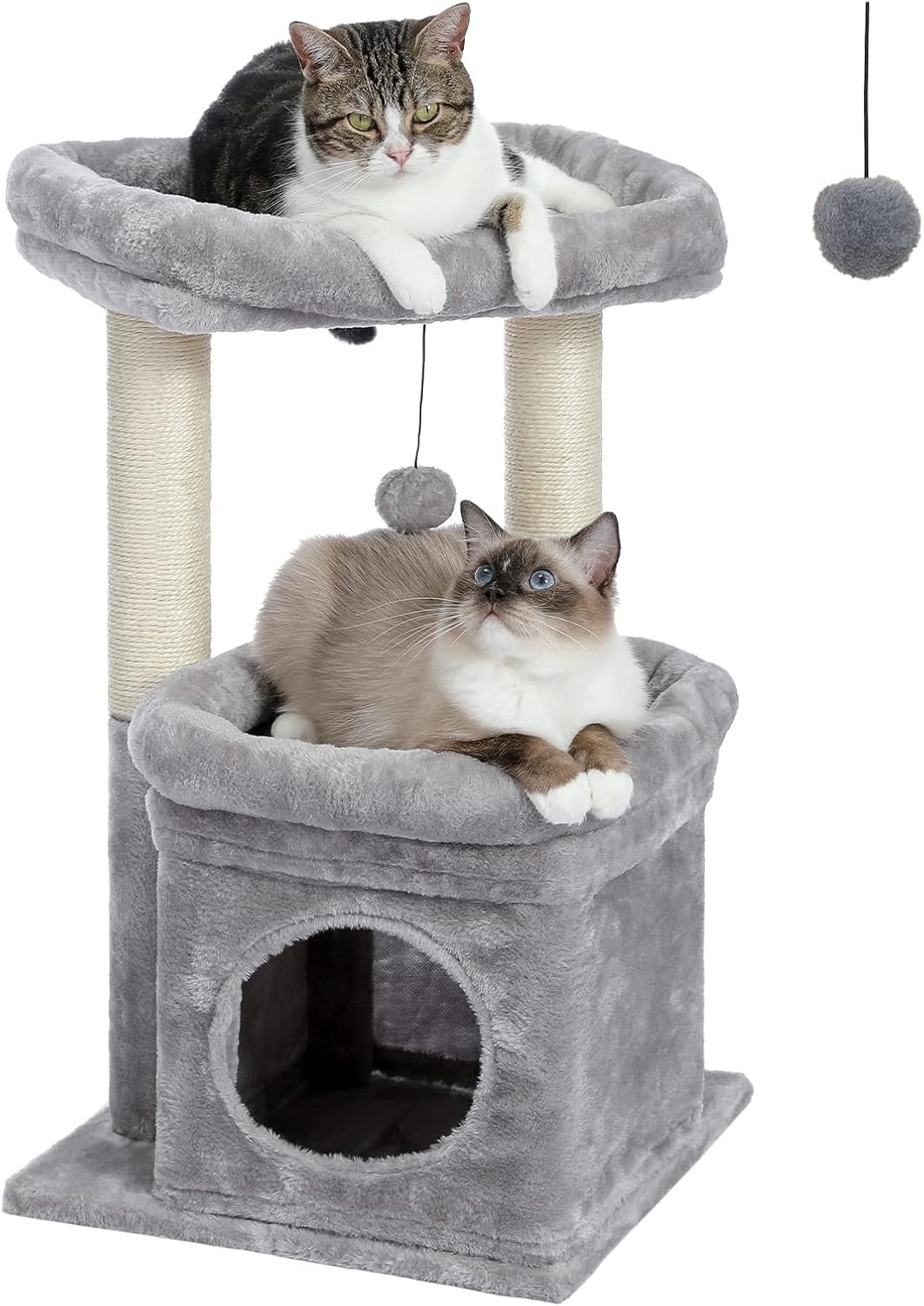 PEQULTI Cat Tree Tower for Indoor Cats with Private Cozy Cat Condo, Natural Sisal Scratching Posts and Plush Pom-pom for Small Cats - Image 2