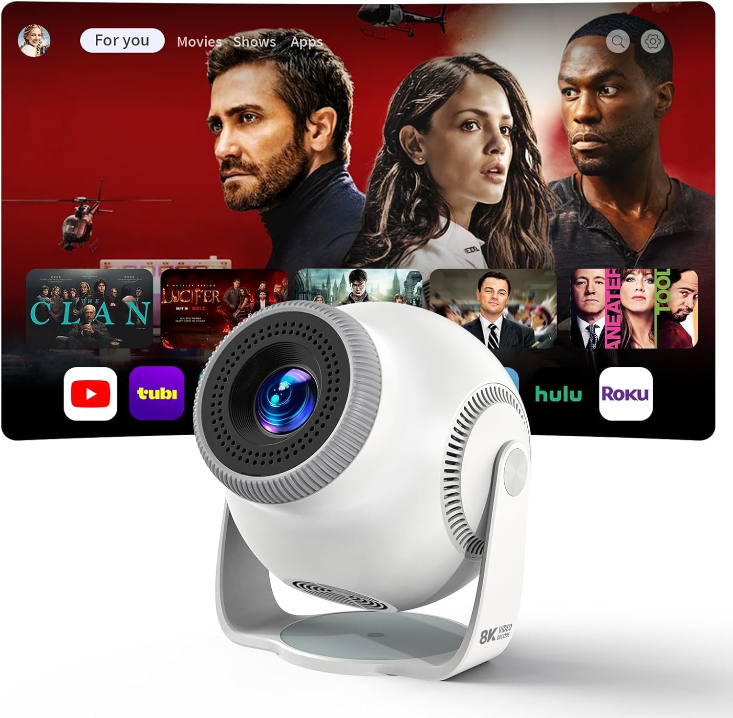 Smart Mini Projector with Android 14 OS, 1080P/4K/8K Video Decoding, WiFi 6 & Bluetooth 5.4, 270° Rotatable Stand, Auto Vertical Keystone, Portable Proyector for Bedroom & Home Entertainment(White) - Image 2
