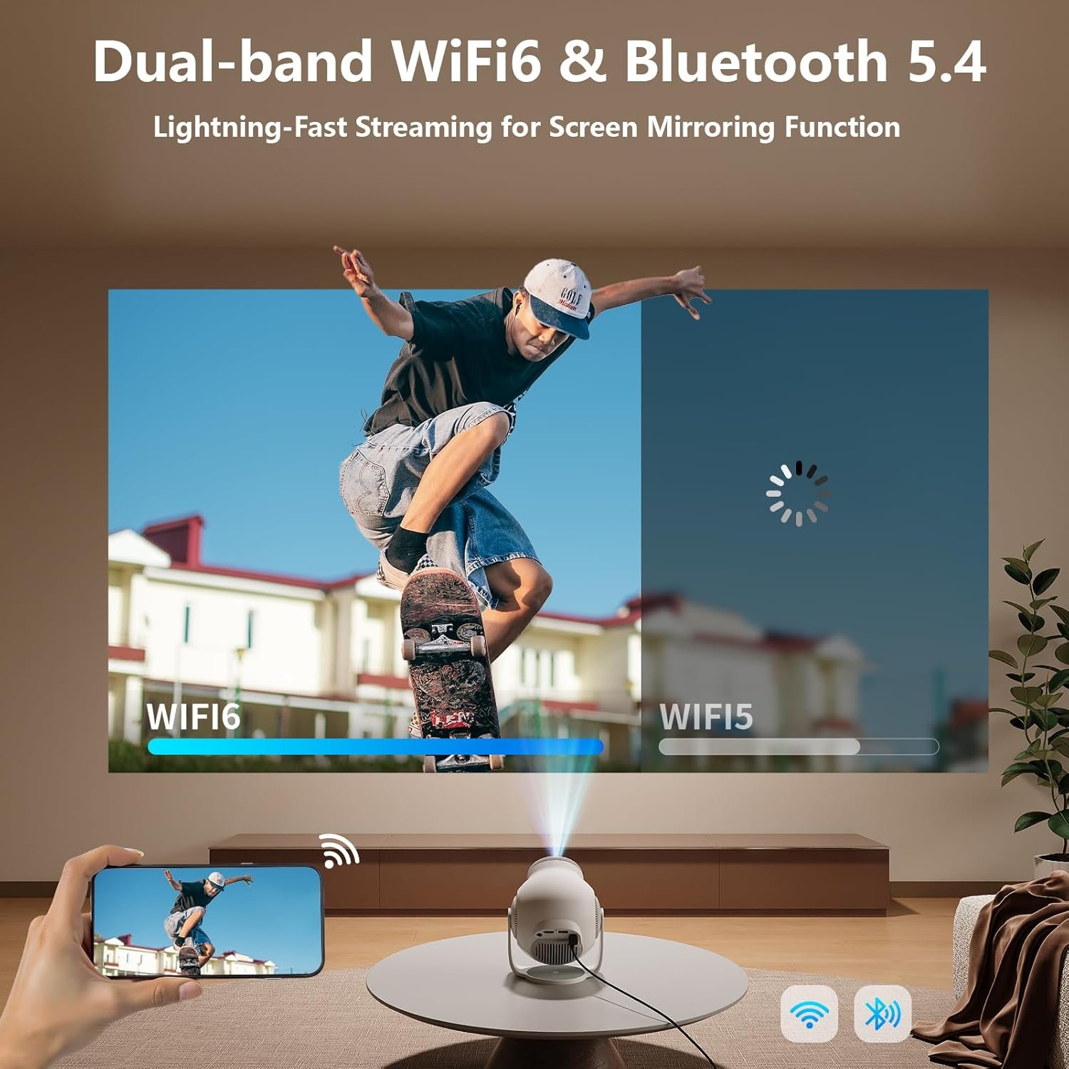 Smart Mini Projector with Android 14 OS, 1080P/4K/8K Video Decoding, WiFi 6 & Bluetooth 5.4, 270° Rotatable Stand, Auto Vertical Keystone, Portable Proyector for Bedroom & Home Entertainment(White) - Image 7