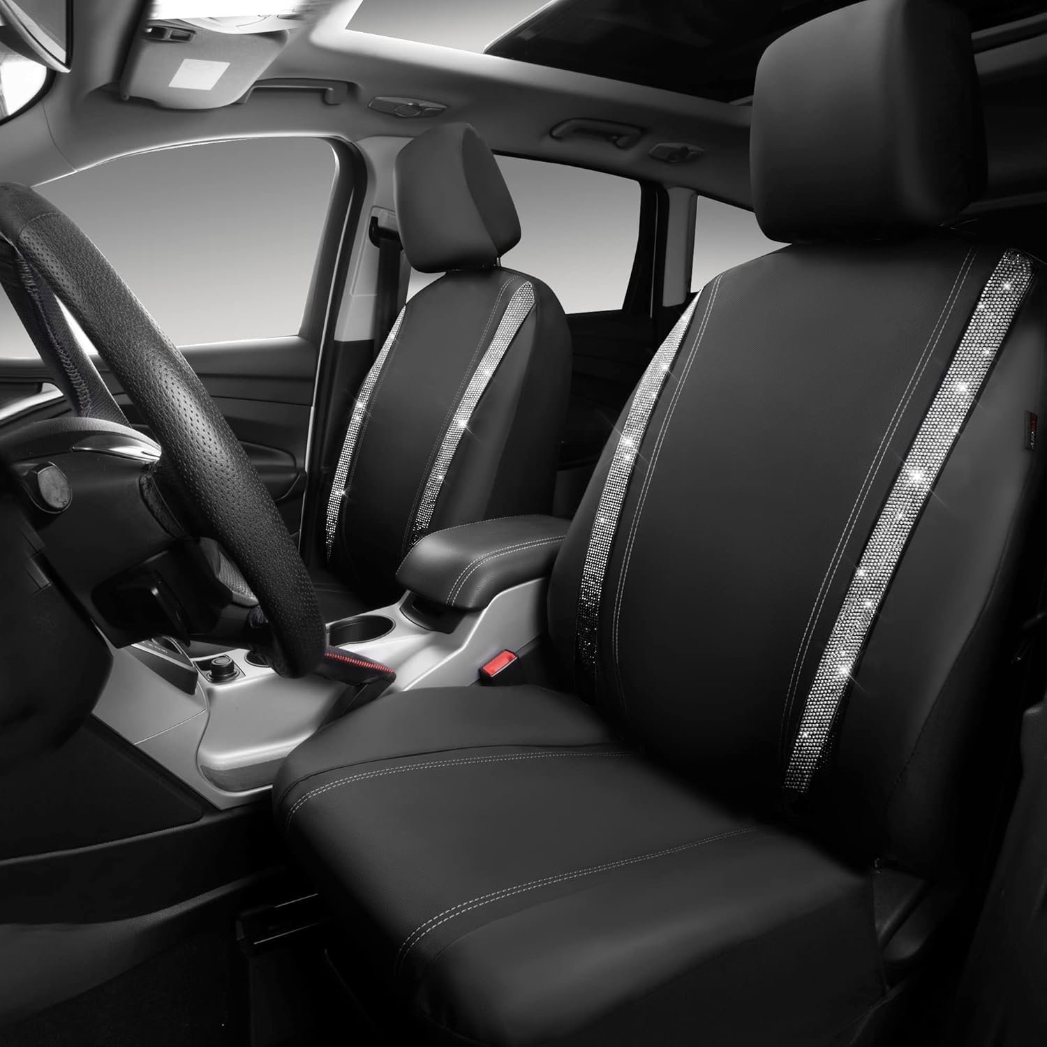 CAR PASS Leather Bling Diamond Car Seat Cover 2 Front Interior Sets, Waterproof Universal Shining Glitter Crystal Sparkle Fit for 95% Automotive Truck SUV Cute Women Girl, Black Silver Rhinestone - Image 3