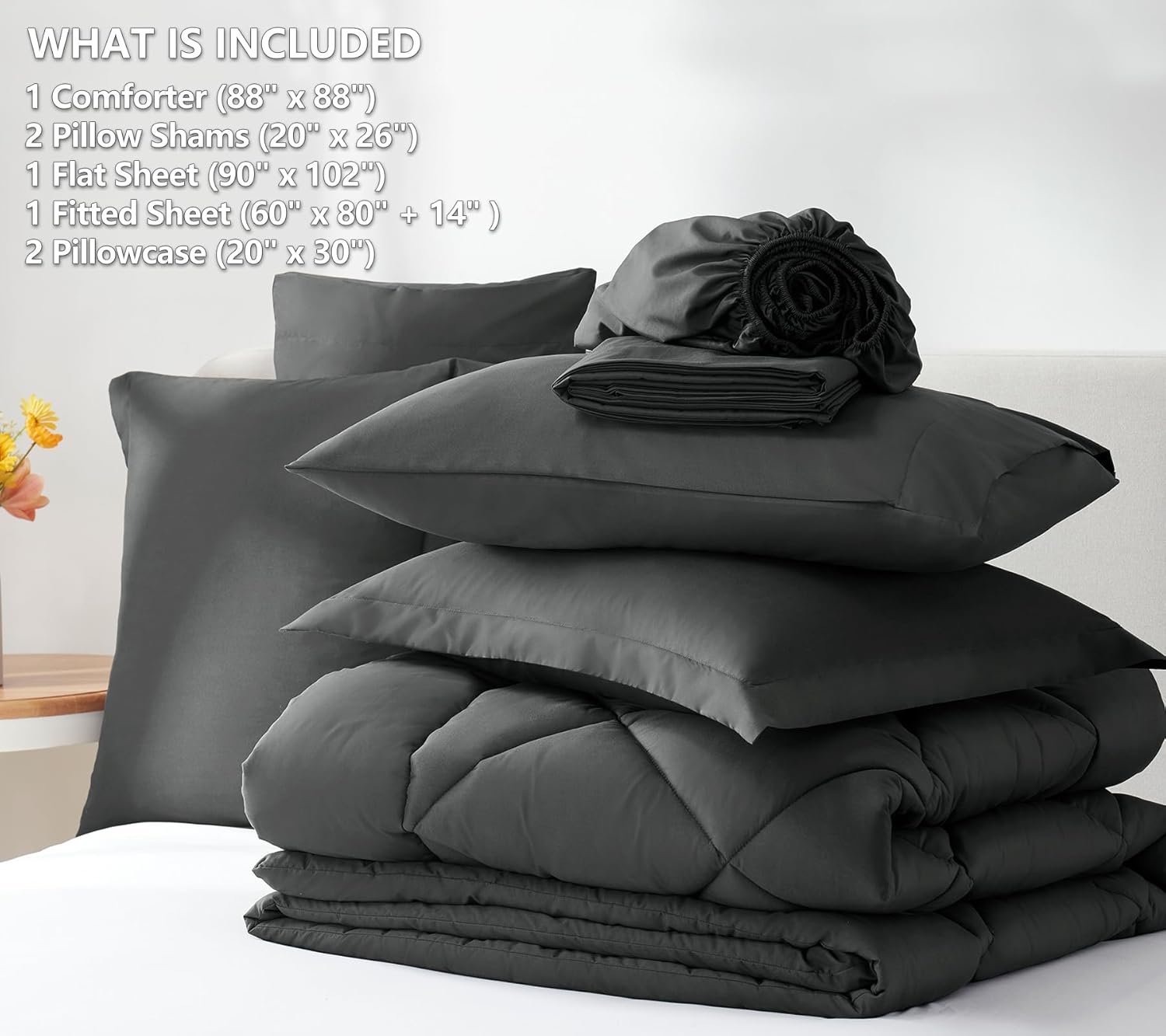 CozyLux Queen Comforter Set Dark Grey - Bed in a Bag Queen Size 7 Pieces, Luxury Soft Bed Set for All Seasons, Bedding Set with Comforter, Sheets, Pillowcases & Shams, Dark Gray, Queen - Image 7