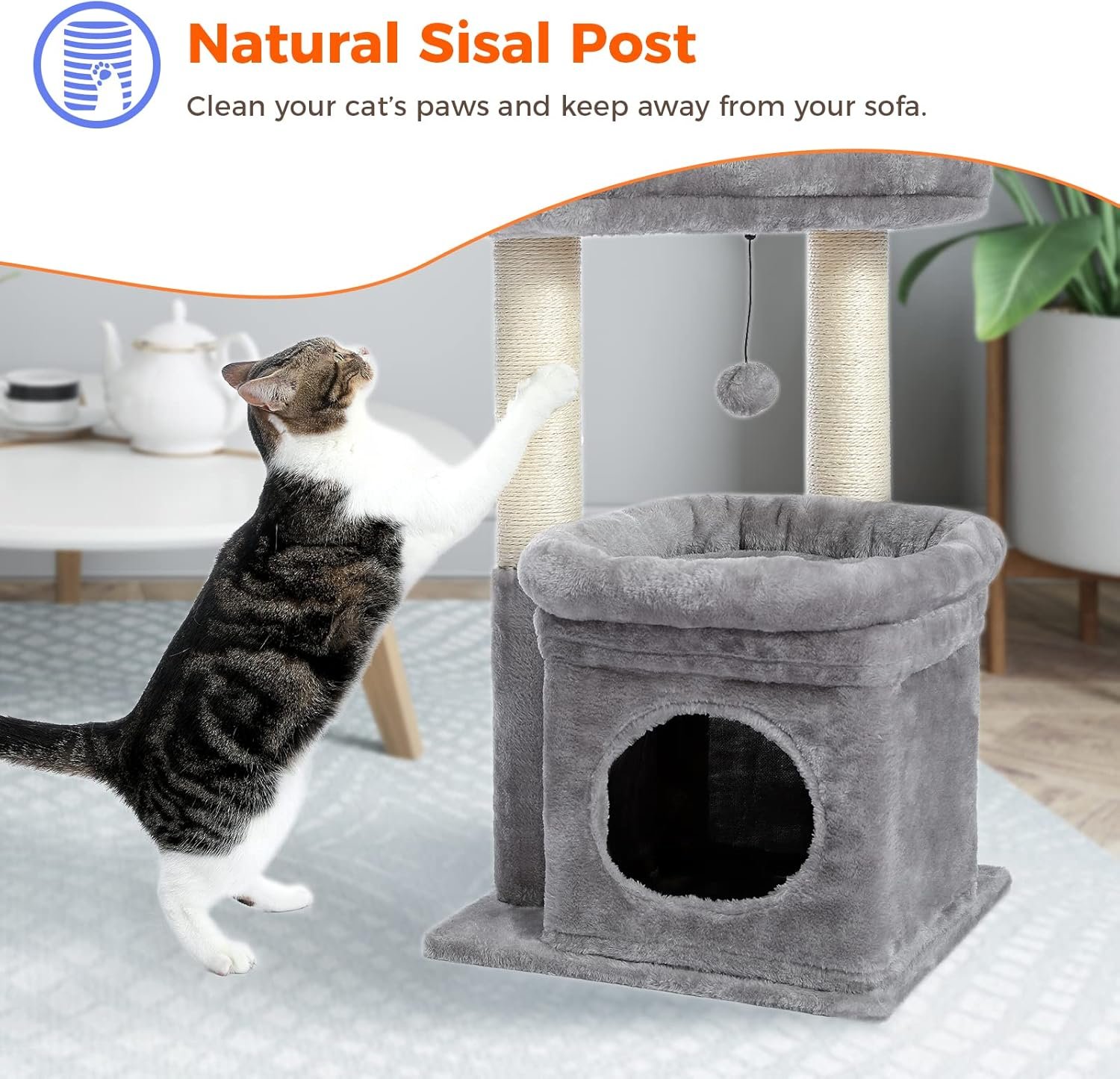 PEQULTI Cat Tree Tower for Indoor Cats with Private Cozy Cat Condo, Natural Sisal Scratching Posts and Plush Pom-pom for Small Cats - Image 7
