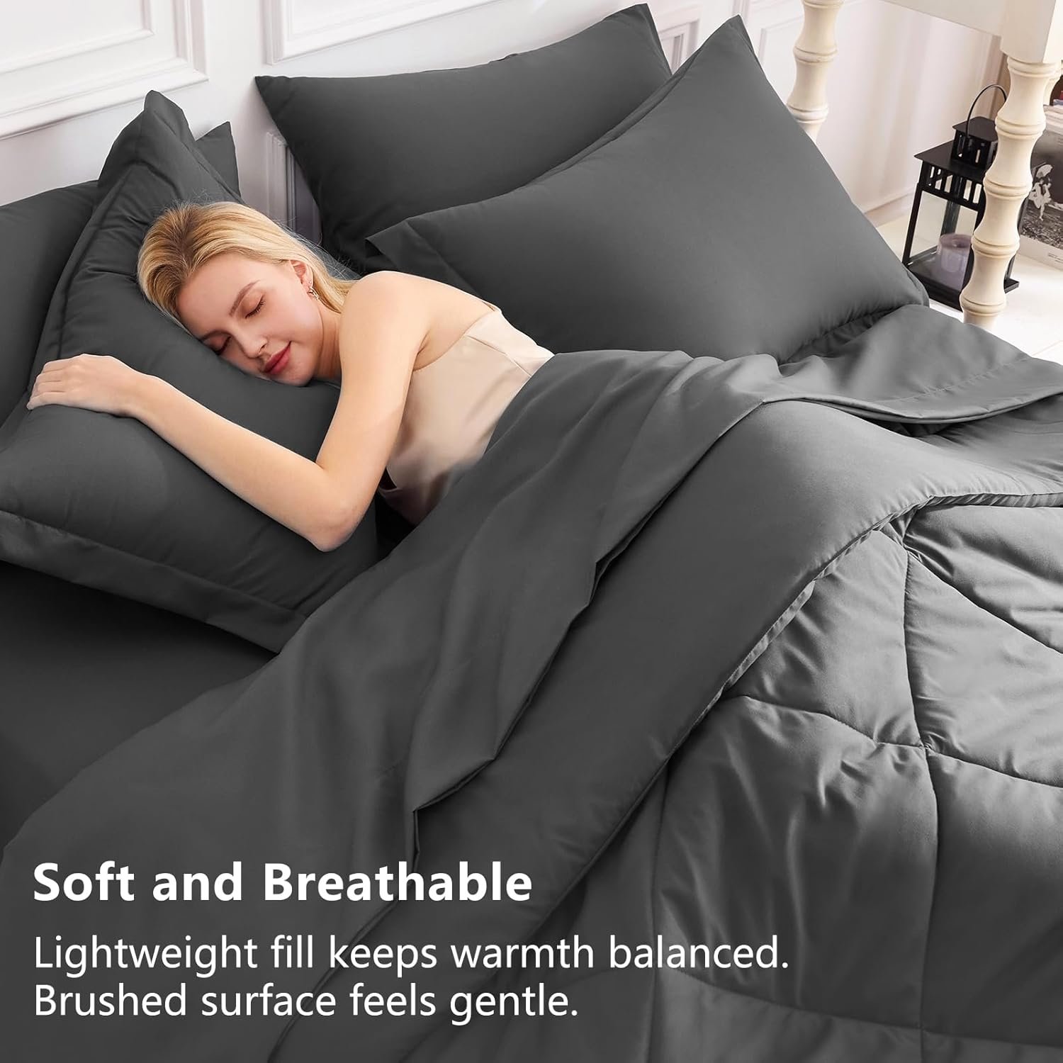 CozyLux Queen Comforter Set Dark Grey - Bed in a Bag Queen Size 7 Pieces, Luxury Soft Bed Set for All Seasons, Bedding Set with Comforter, Sheets, Pillowcases & Shams, Dark Gray, Queen - Image 4