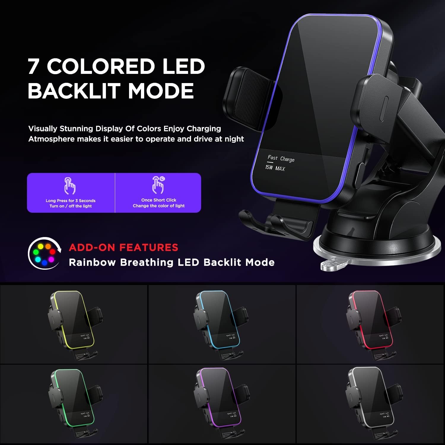 Wireless Car Charger,【7 Colored RGB Backlit】 Mosurr 15W Auto Clamping Phone Holders for Your car fit for iPhone 16 15 14 Mini Pro Max, Samsung Galaxy S25 Ultra S24 S23+, etc, Fathers Day for Gifts - Image 3