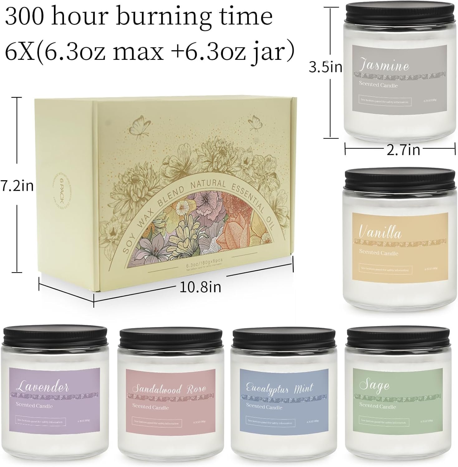 6 Pack Scented Candles Gift Set, Long Lasting Aromatherapy Candles for Home, 37.8 oz 300 Hour Burn, Lavender Jasmine Vanilla Sage Sandalwood Rose Eucalyptus Mint, Gifts for Women - Image 9