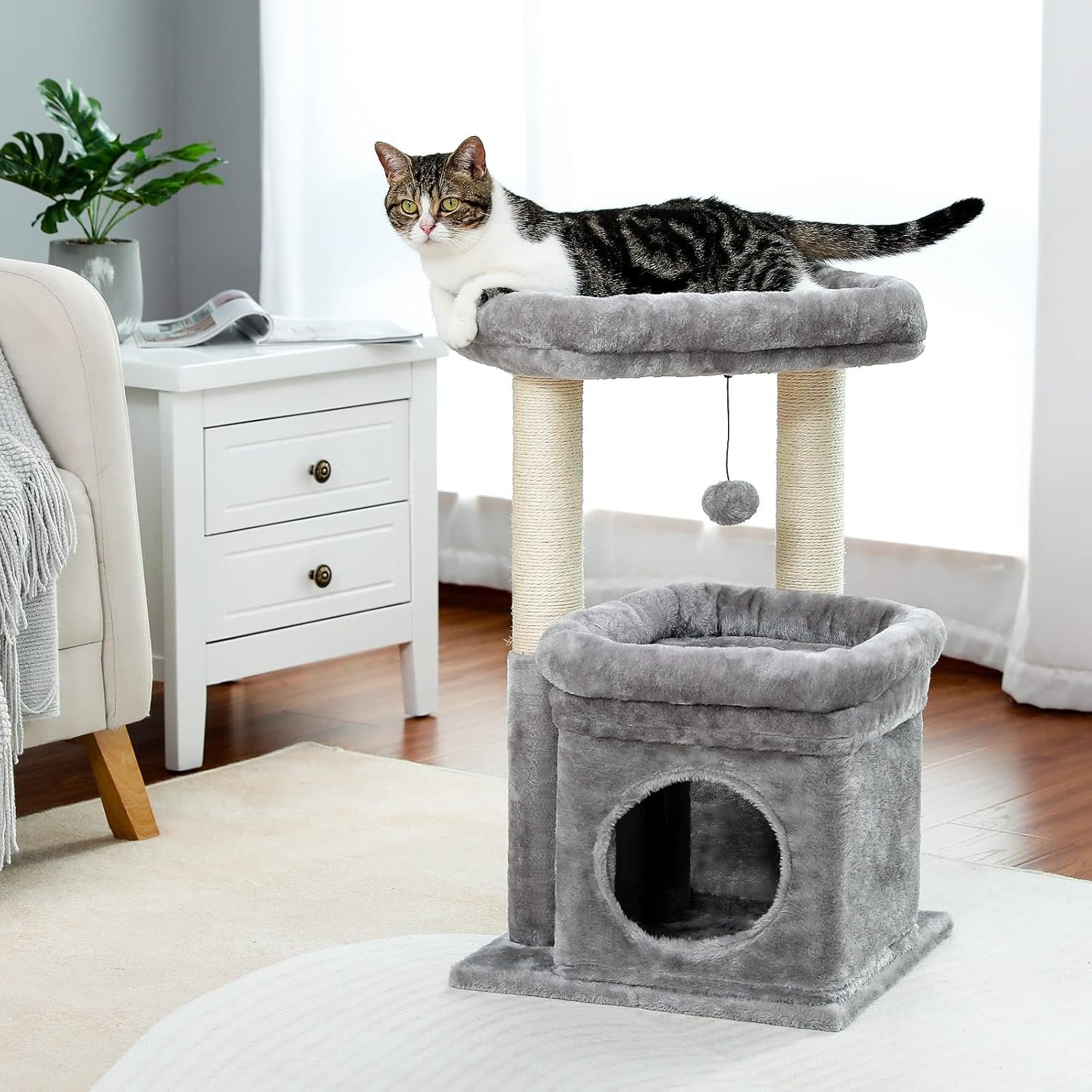PEQULTI Cat Tree Tower for Indoor Cats with Private Cozy Cat Condo, Natural Sisal Scratching Posts and Plush Pom-pom for Small Cats - Image 9
