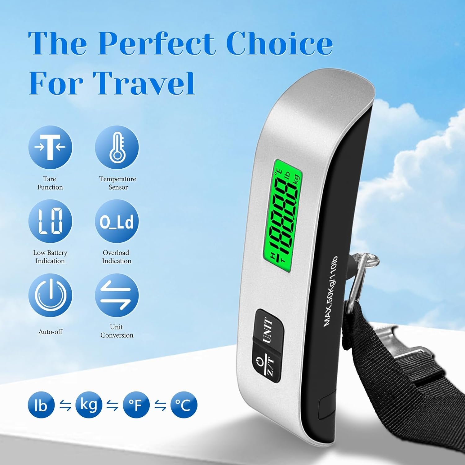 Luggage Scale, 110lb Luggage Weight Scale with 4 Unit Switching Functions&LED Display, Luggage Scale Travel Digital for Weighing Luggage, Backpacks, Packages and Markets - Image 4