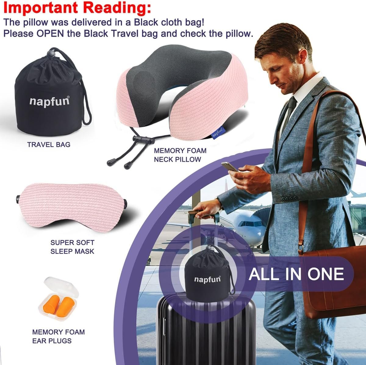 napfun Neck Pillow for Traveling, Upgraded Travel Neck Pillow for Airplane 100% Pure Memory Foam Travel Pillow for Flight Headrest Sleep, Portable Plane Accessories, Pink Striped Kit - Image 7