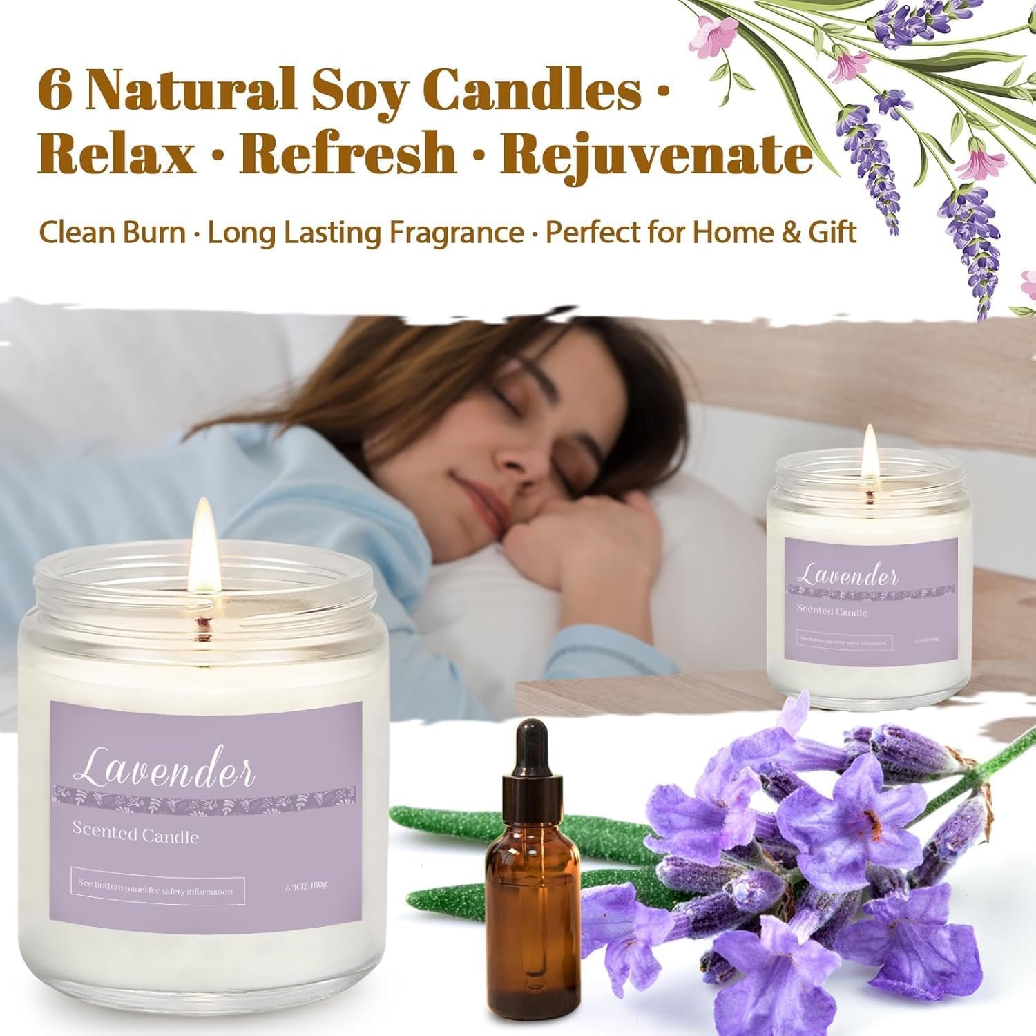 6 Pack Scented Candles Gift Set, Long Lasting Aromatherapy Candles for Home, 37.8 oz 300 Hour Burn, Lavender Jasmine Vanilla Sage Sandalwood Rose Eucalyptus Mint, Gifts for Women - Image 4