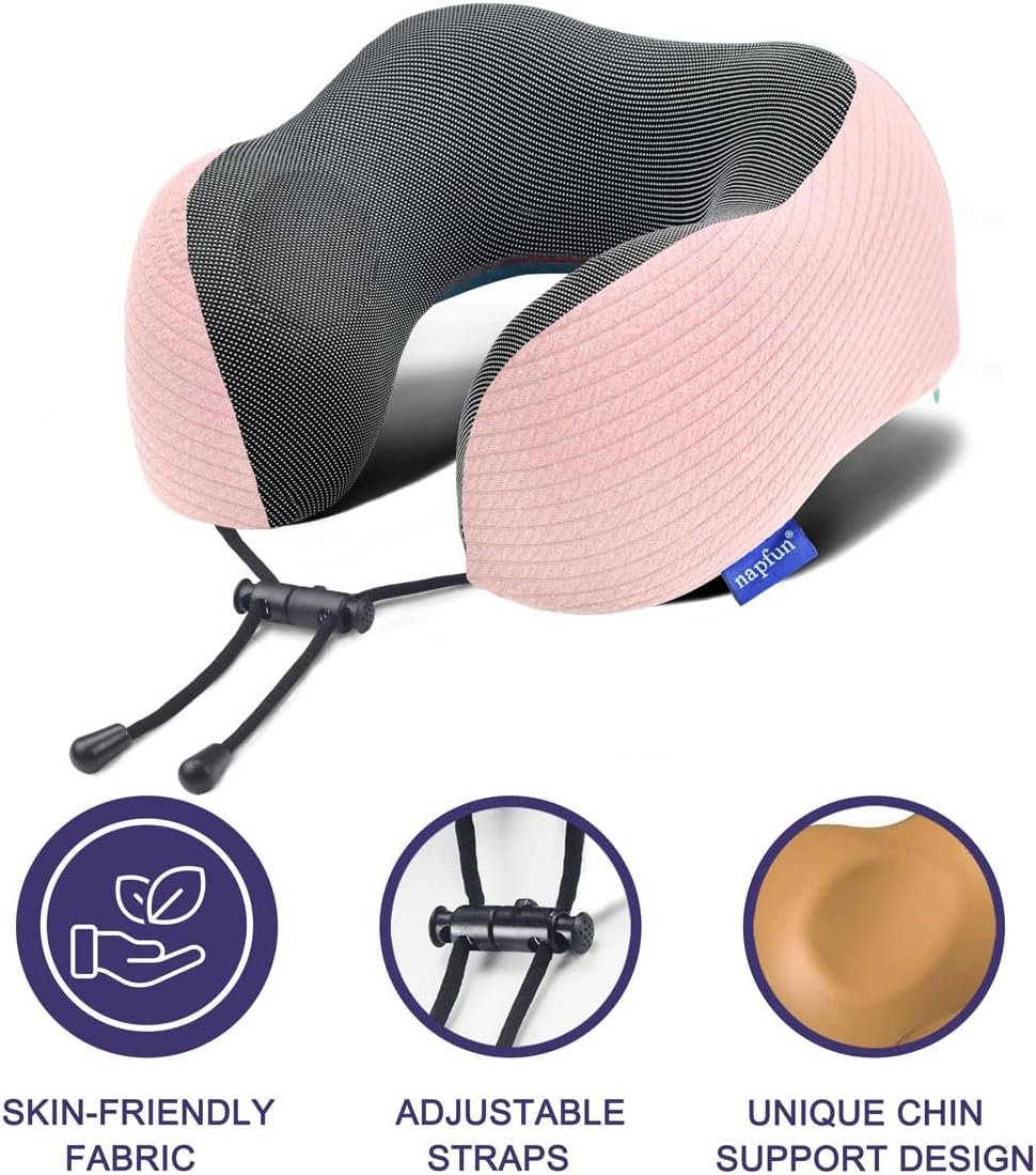 napfun Neck Pillow for Traveling, Upgraded Travel Neck Pillow for Airplane 100% Pure Memory Foam Travel Pillow for Flight Headrest Sleep, Portable Plane Accessories, Pink Striped Kit - Image 4