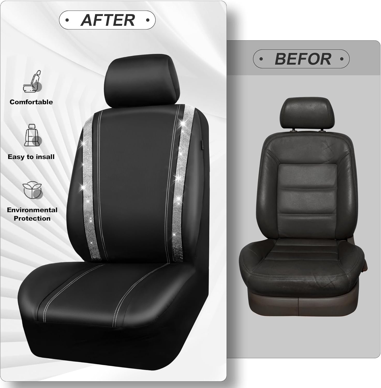 CAR PASS Leather Bling Diamond Car Seat Cover 2 Front Interior Sets, Waterproof Universal Shining Glitter Crystal Sparkle Fit for 95% Automotive Truck SUV Cute Women Girl, Black Silver Rhinestone - Image 6