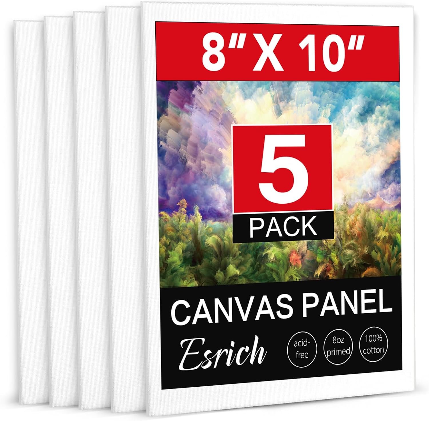ESRICH Canvas Boards for Painting, 5 Pack Canvases for Painting 8x10 Cotton Primed Acid Free Blank Canvas Panels for Oil Paint, Watercolor, Acrylic Paint, Gouache and Tempera. - Image 2