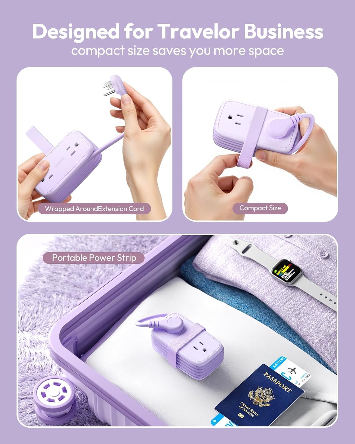NTONPOWER Purple Travel Power Strip,Travel Essentials 4 Outlets 3 USB(1 C) with 4FT Wrapped Extension Cord Flat Plug, Cruise Essentials 2026 for Hotel Travel Cruise Essentials - Image 4