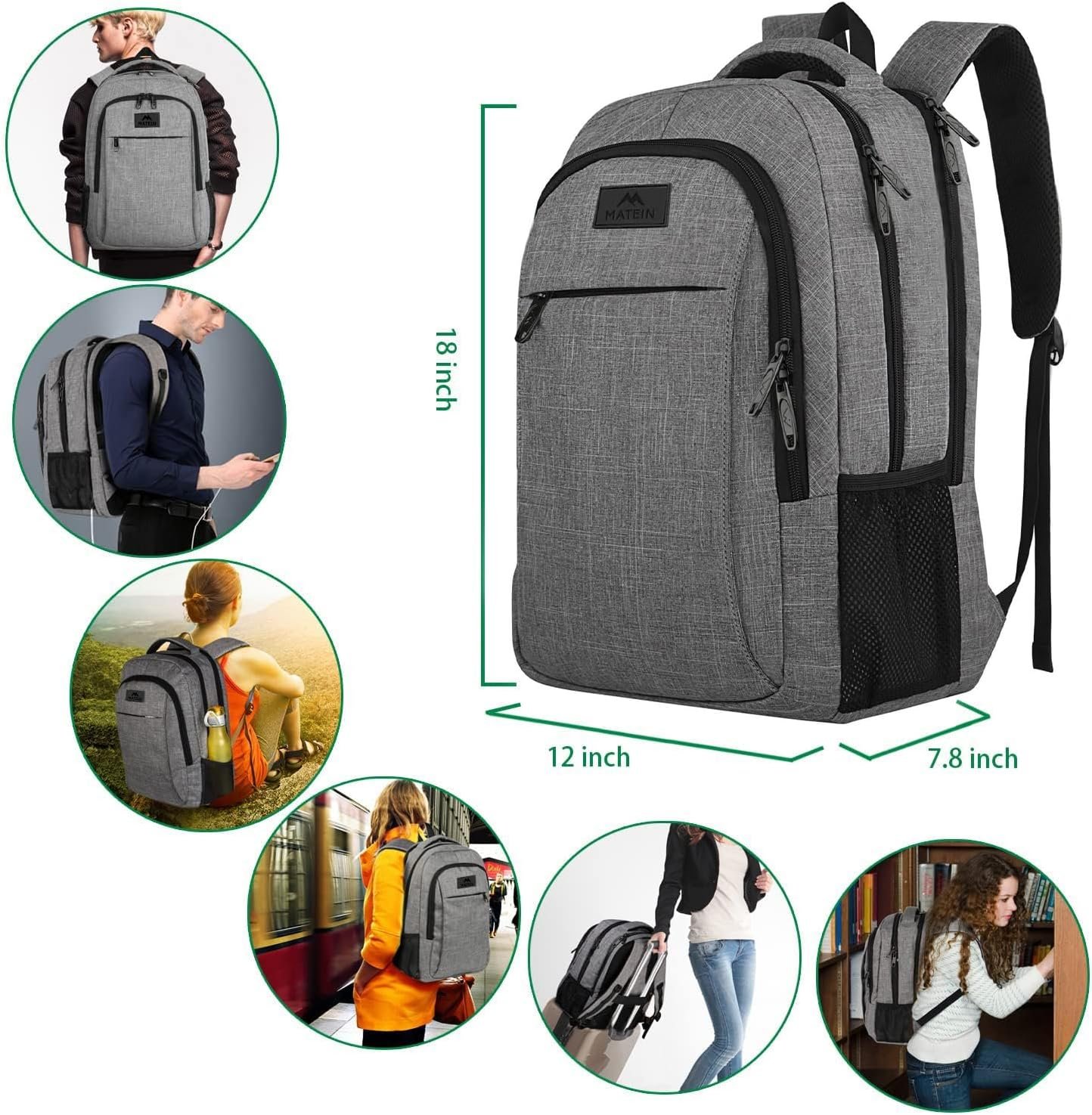 MATEIN Travel Laptop Backpack, Business Anti Theft Slim Sturdy Laptops Backpack Personal Item Bag, Water Resistant College School Computer Bag Gift for Men & Women Fits 15.6 Inch Notebook, Grey - Image 4